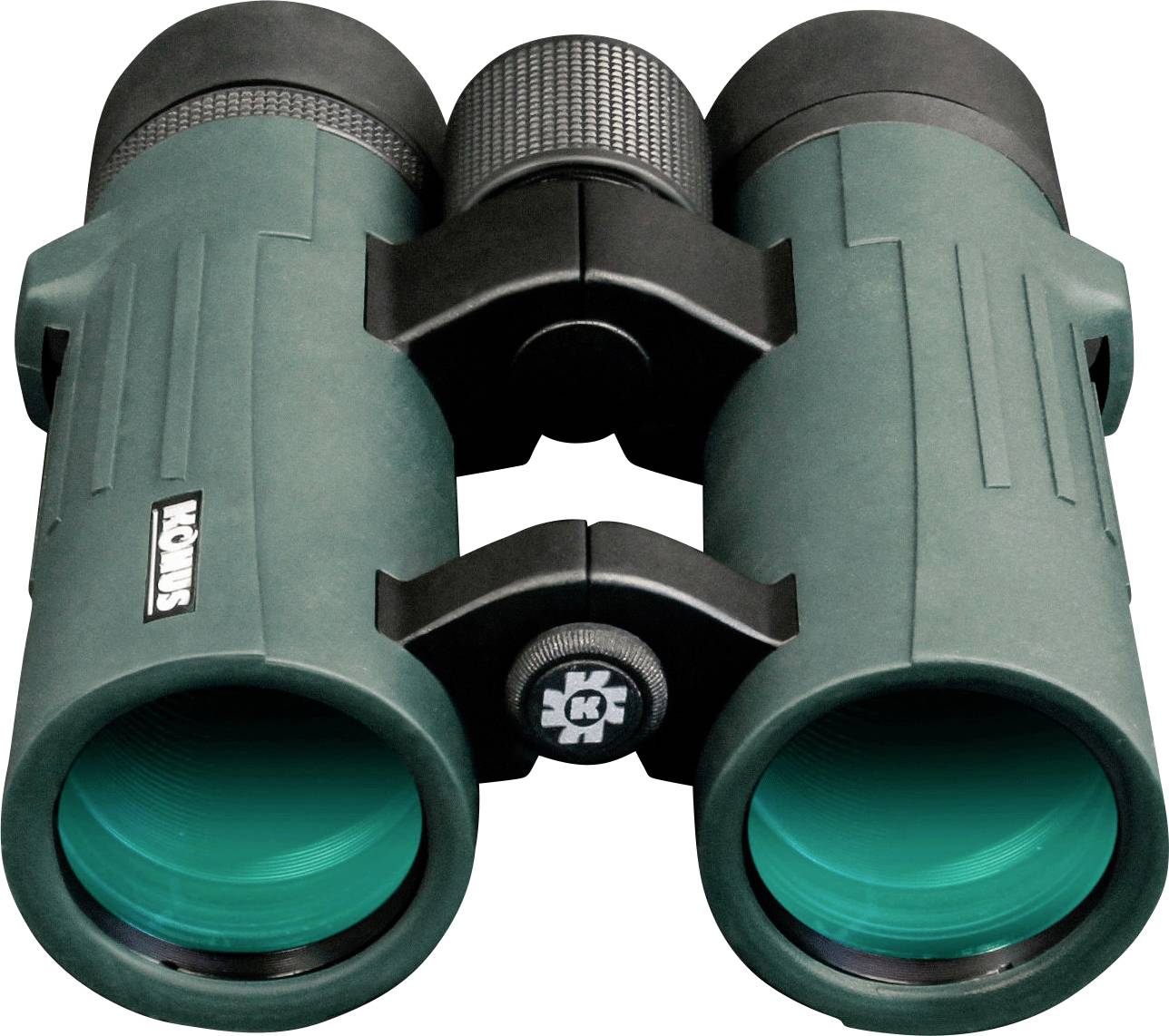 Green binoculars with a black central section, suitable for nature watching. Brand name visible on left tube.