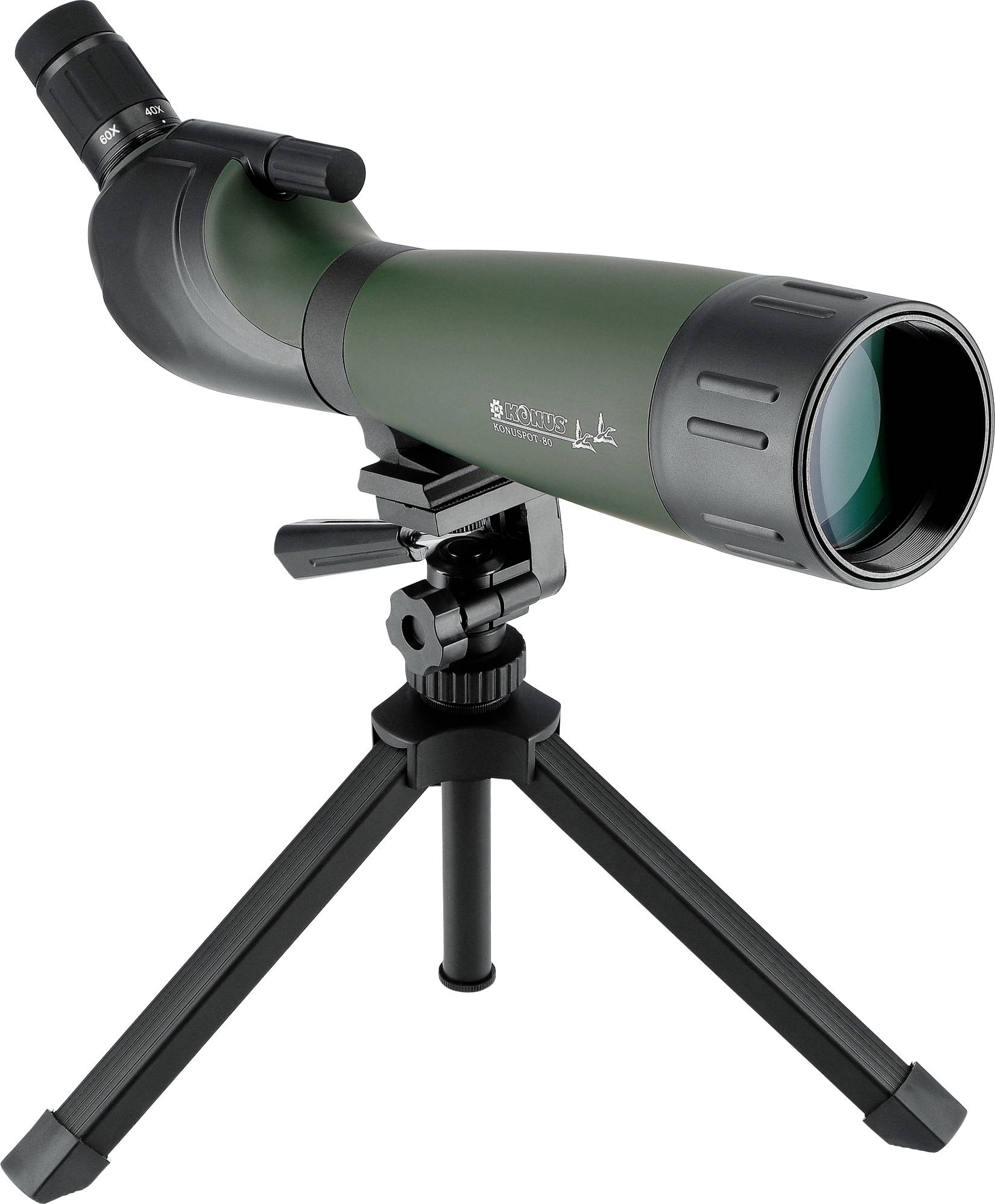 Green spotting scope on black tripod, suitable for nature watching or sky observations.