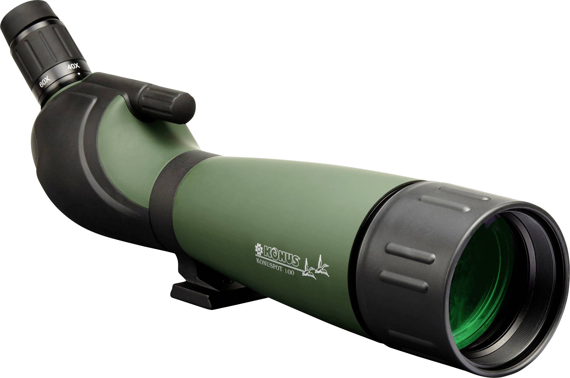A green spotting scope with adjustable eyepiece, viewed from the side. Suitable for nature observations and astronomical applications.