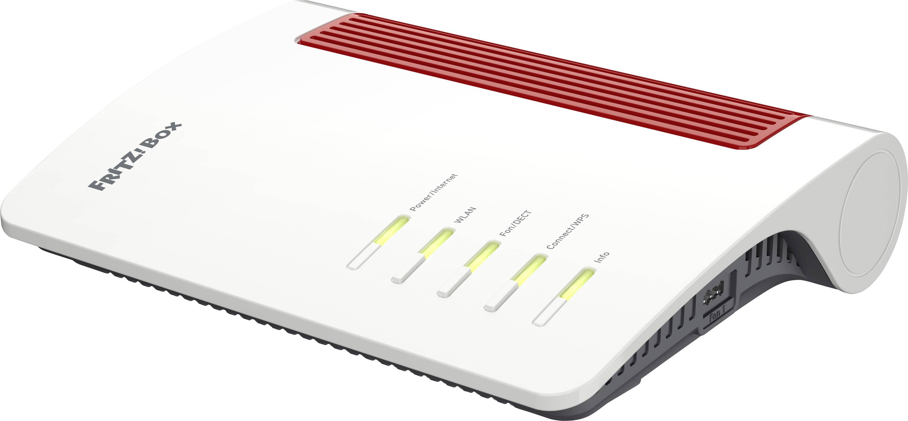 A router with the label 'FRITZ!Box'. Four status lights are visible, indicating the operational status.