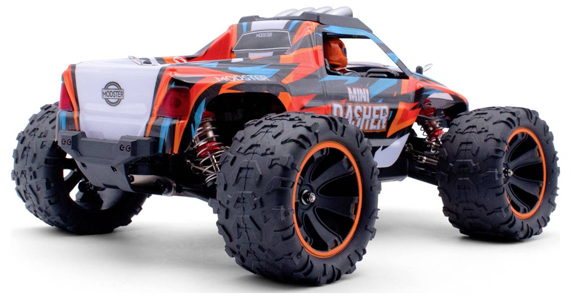 Remote-controlled car, model 'Mini Dasher', in vibrant colours with large off-road tyres, on a white background.