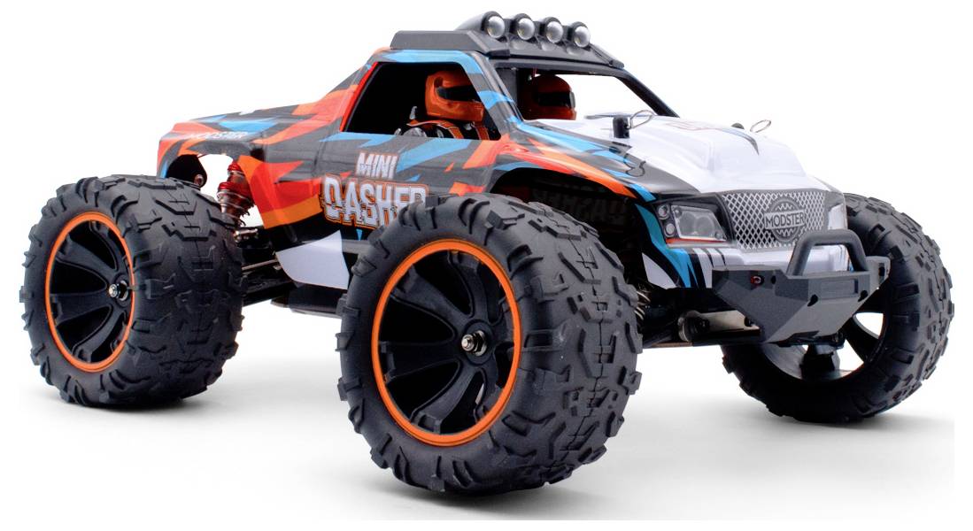 A colourful remote-controlled car with large off-road tyres and a sporty bodywork that suggests dynamic manoeuvrability.