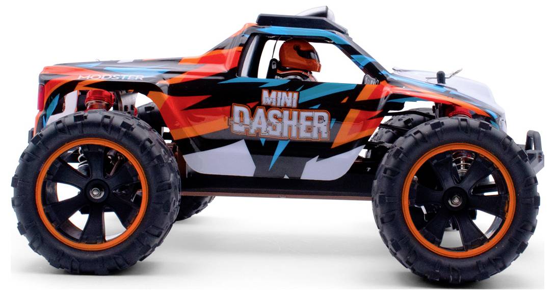 Colourful remote-controlled car with large tyres and the inscription 'Mini Dasher' on the side. It has a sporty design.