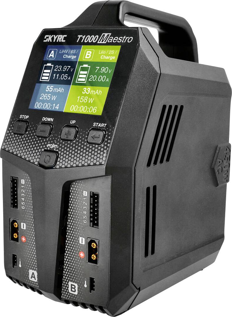 Black and grey charger with two charging ports, colour display showing charging information; Brand: SKYRC T1000 Maestro.