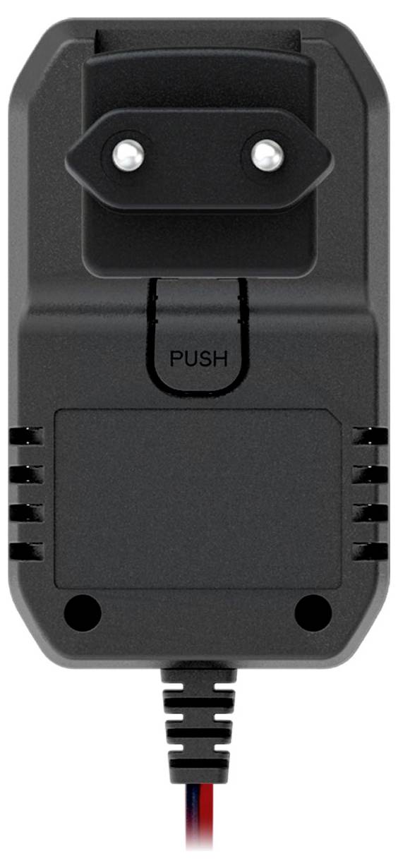 Black network charger with two metal contacts at the top and a cable at the bottom. A 'PUSH' button is visible in the middle.