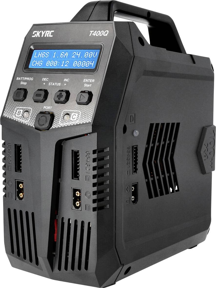 A black SkyRC T400Q charger with a blue LED display, multiple buttons and ports. Suitable for RC batteries.