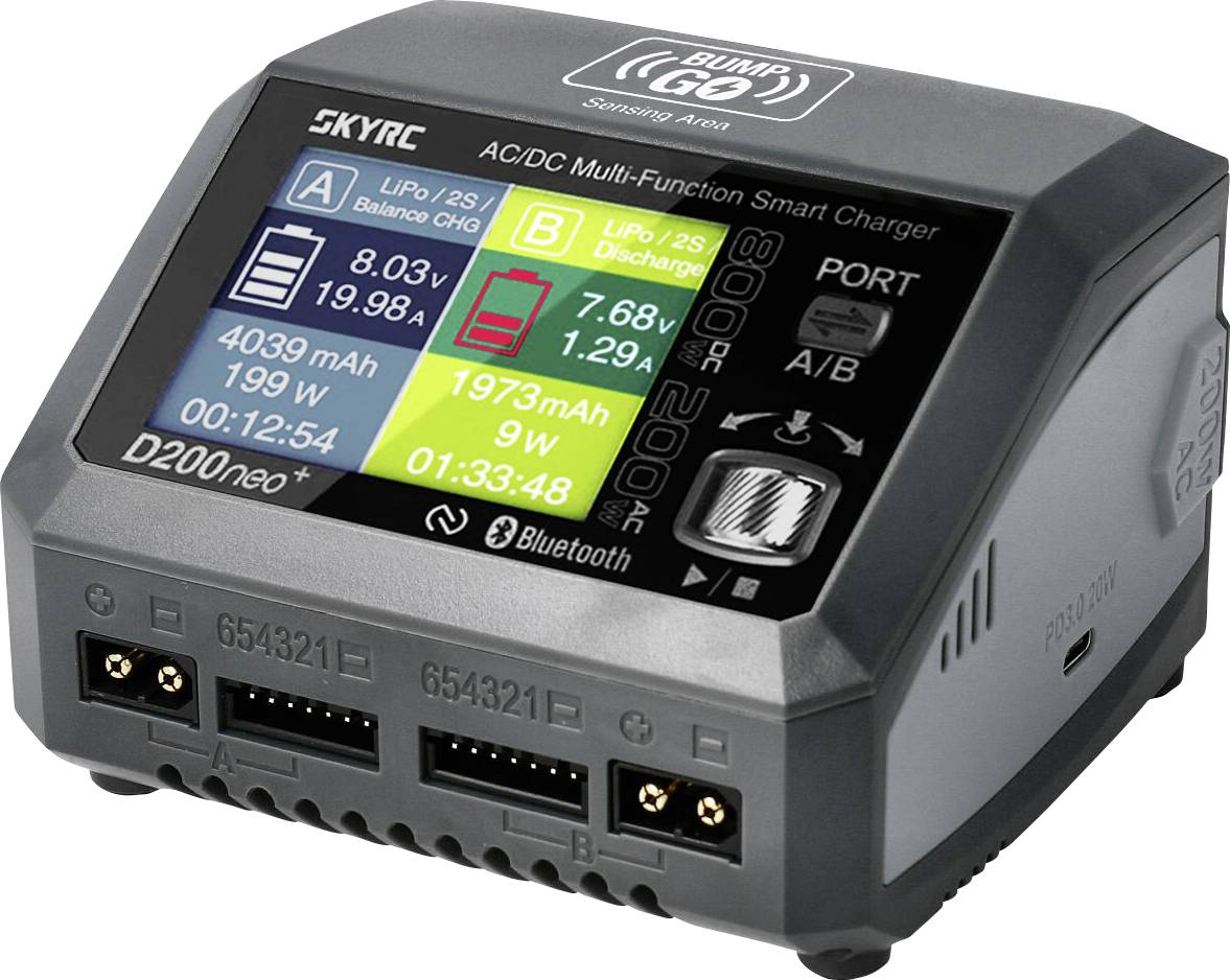 Multifunctional smart charger with a colour LCD display, showing charging progress, battery voltage, current strength, and Bluetooth connection.