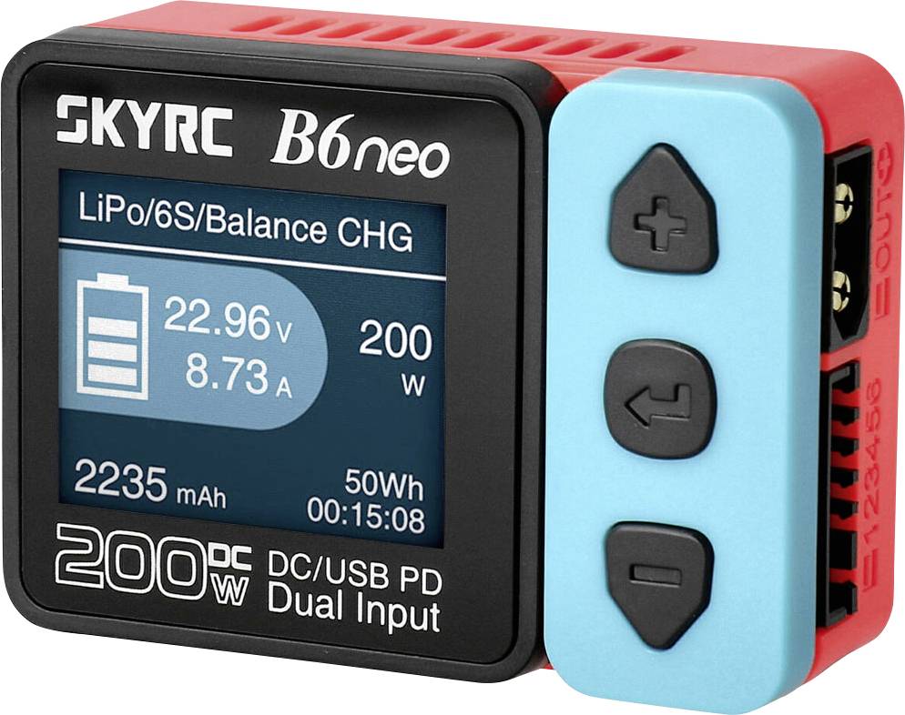 Digital charger display shows '22.96V, 8.73A, 2235mAh, 50W' with battery icon. Marking 'SKYRC B6 neo, Dual Input, 200W'.