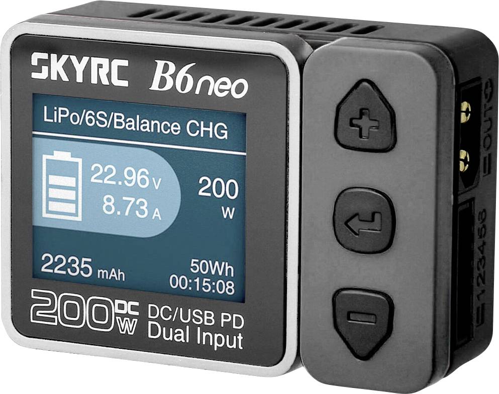 Charger with digital display for LiPo batteries. Displays voltage 22.96V, current 8.73A, power 200W, capacity 2235mAh and time 15 minutes.