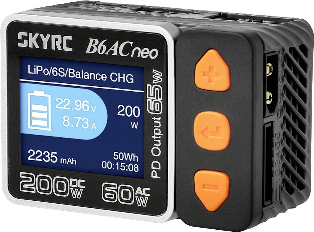 Charger with display showing 'LiPo/6S/Balance CHG', voltage 22.96V, current 8.73A, capacity 2,235mAh, power 50W, time 00:15:08.