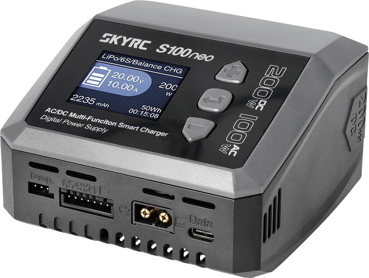 Battery Charger 'SkyRC S100 Neo' with digital display, shows current voltage, charging current, and capacity during the charging process.