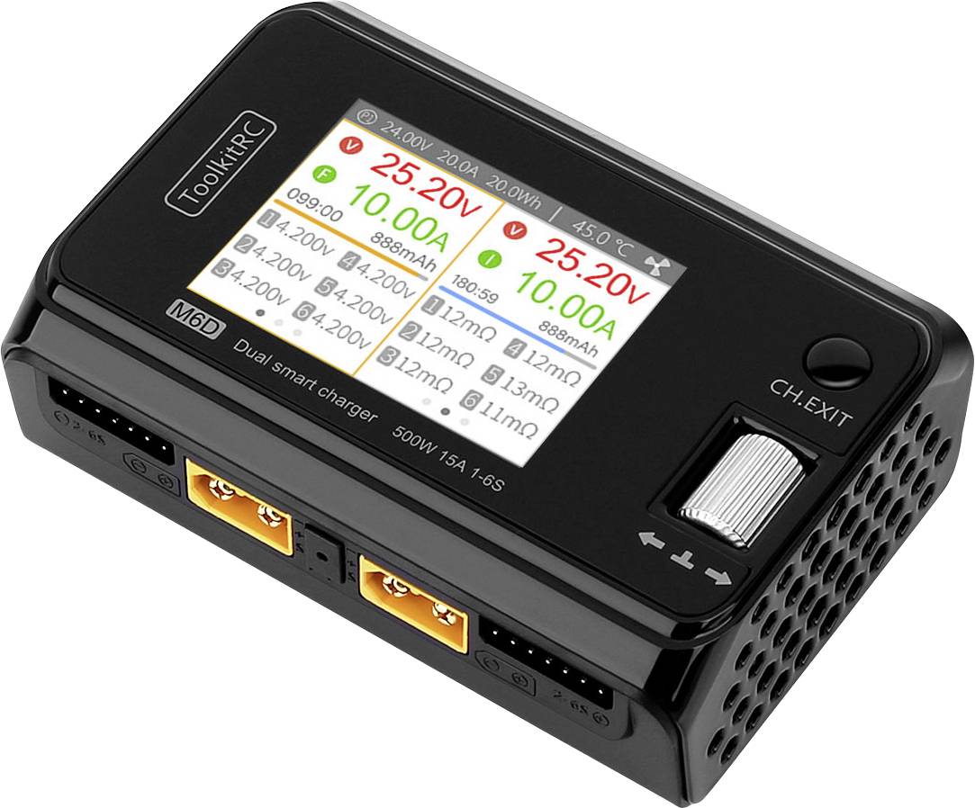 A charger with a digital display shows charging information such as voltage (25.20V), current (10.00A), and capacity (888mAh).