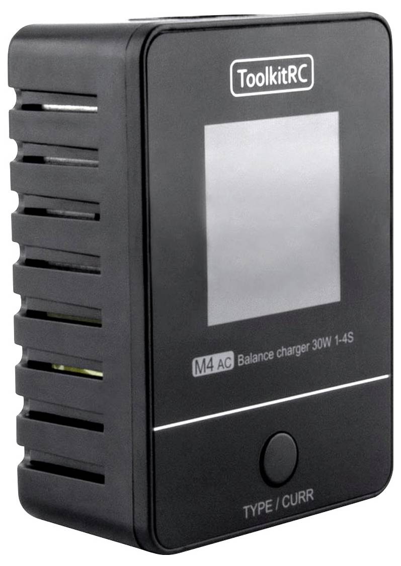 The ToolkitRC M4 AC is a balance charger with 30W power for 1-4S batteries, featuring a compact design, side ventilation slots, and a control knob.