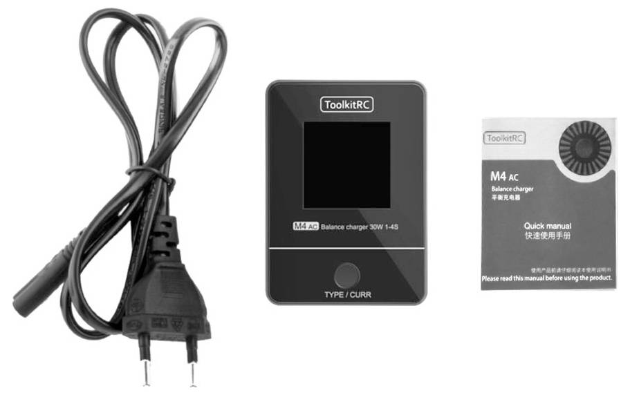 Charger 'ToolkitRC M4AC', mains cable and quick start guide.