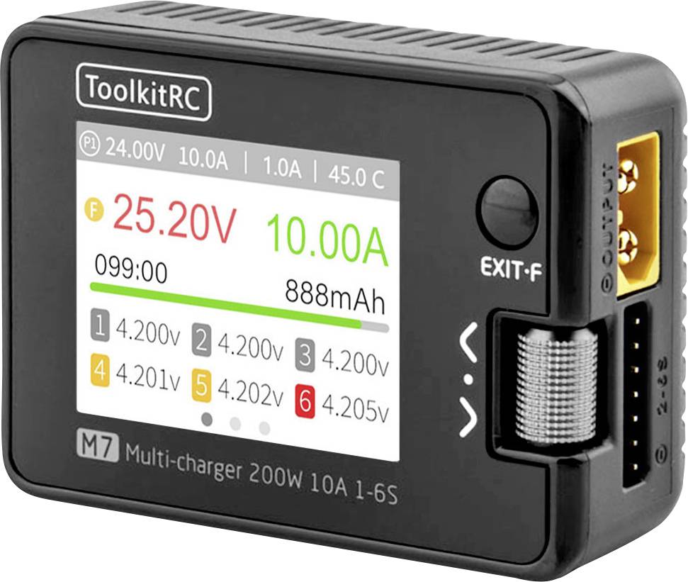 Multicharger display shows 25.20V, 10.00A, 888mAh, capacity 1-6S. Four voltages indicated: 4.20V, 4.20V, 4.20V, 4.20V.