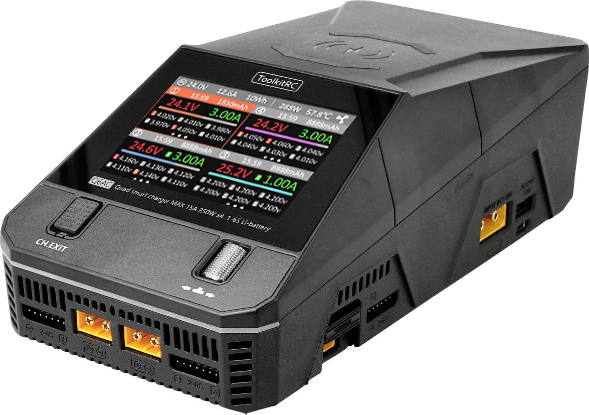 A black charger with a digital display shows various voltage and current values, suitable for RC batteries.
