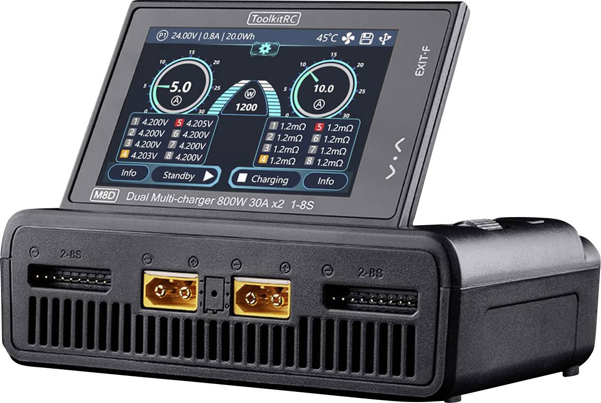 A charger with a display shows charging information such as voltage and charging current. Two charging ports are located underneath.