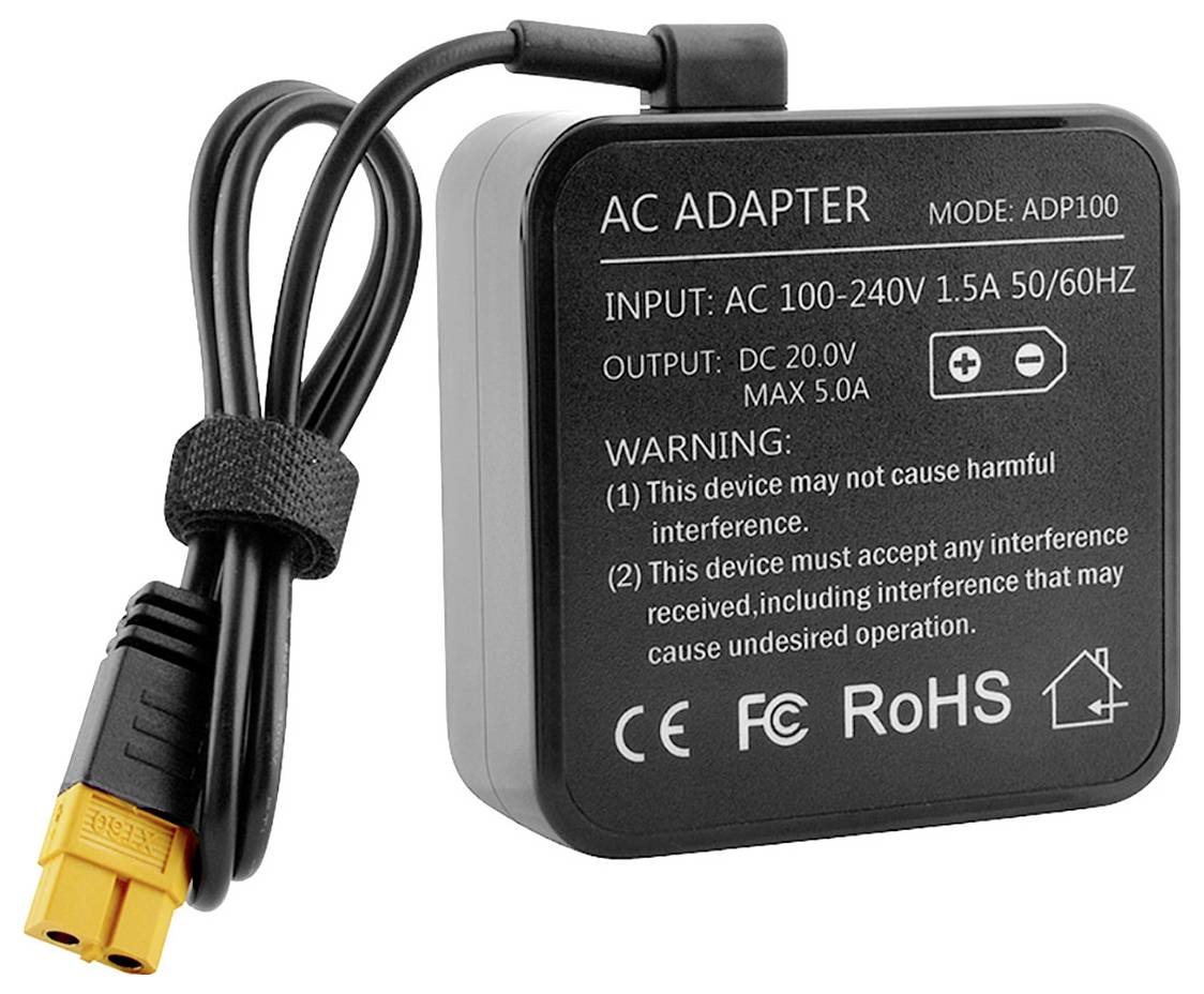Black power supply with cable, label shows 'AC Adapter', input 100-240V, output 20V. Warning notices and certification logos visible.