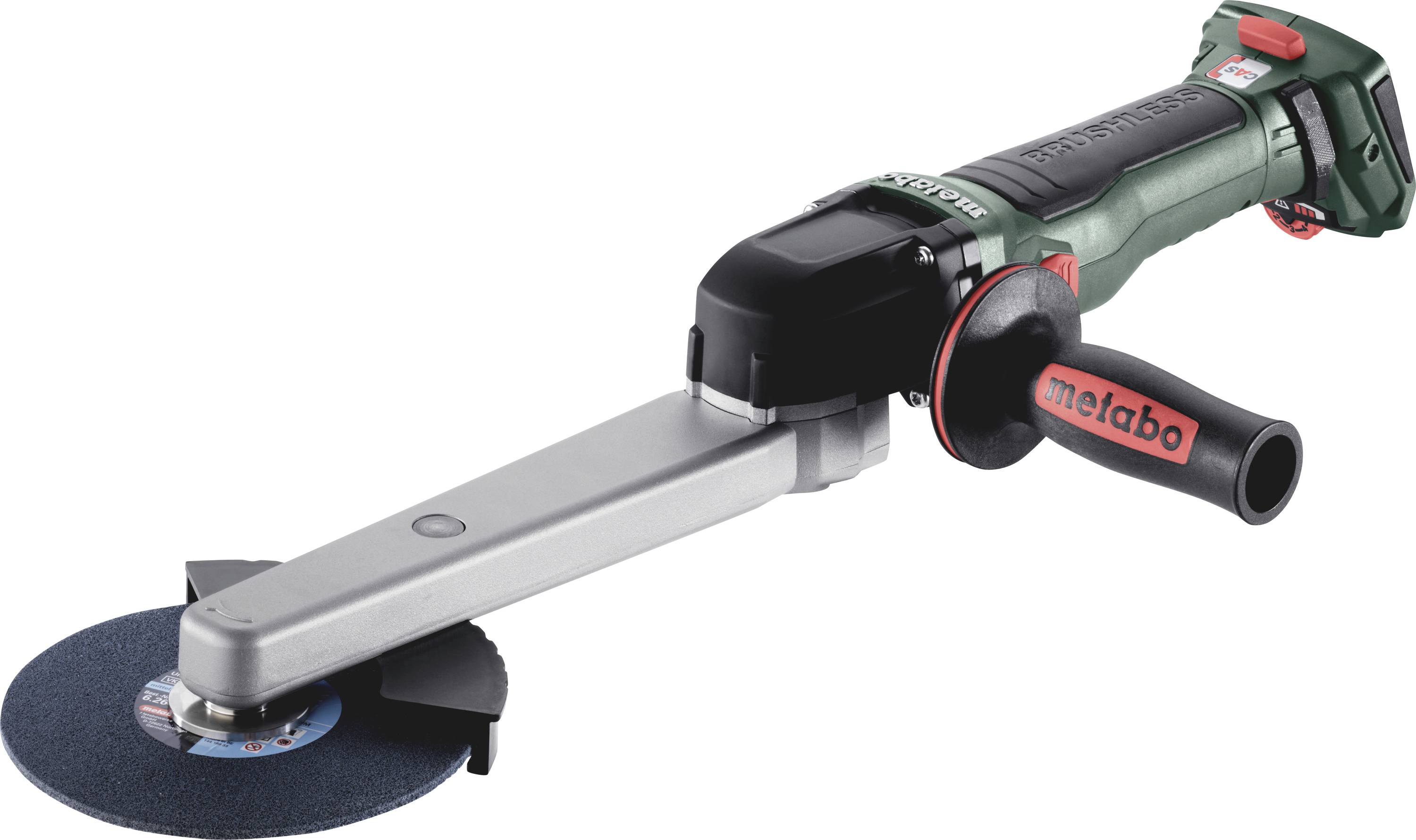 A cordless angle grinder with a long handle and circular grinding disc, suitable for precise cutting and grinding of metals.