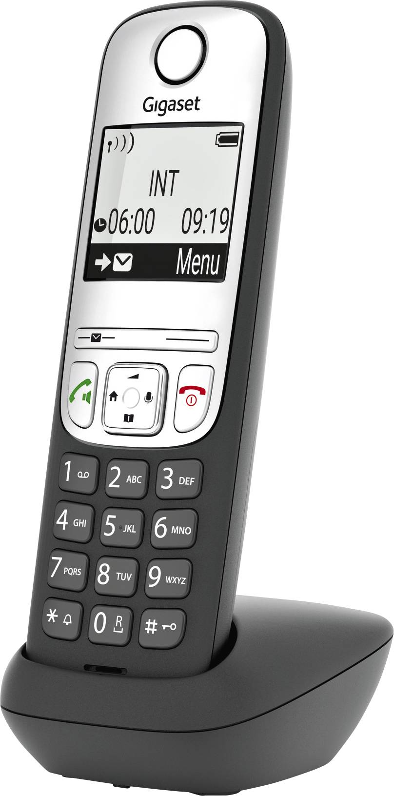 A cordless telephone with display shows '06:00', '09:19' and 'INT'. Menu options are visible. Model resembles a Gigaset.