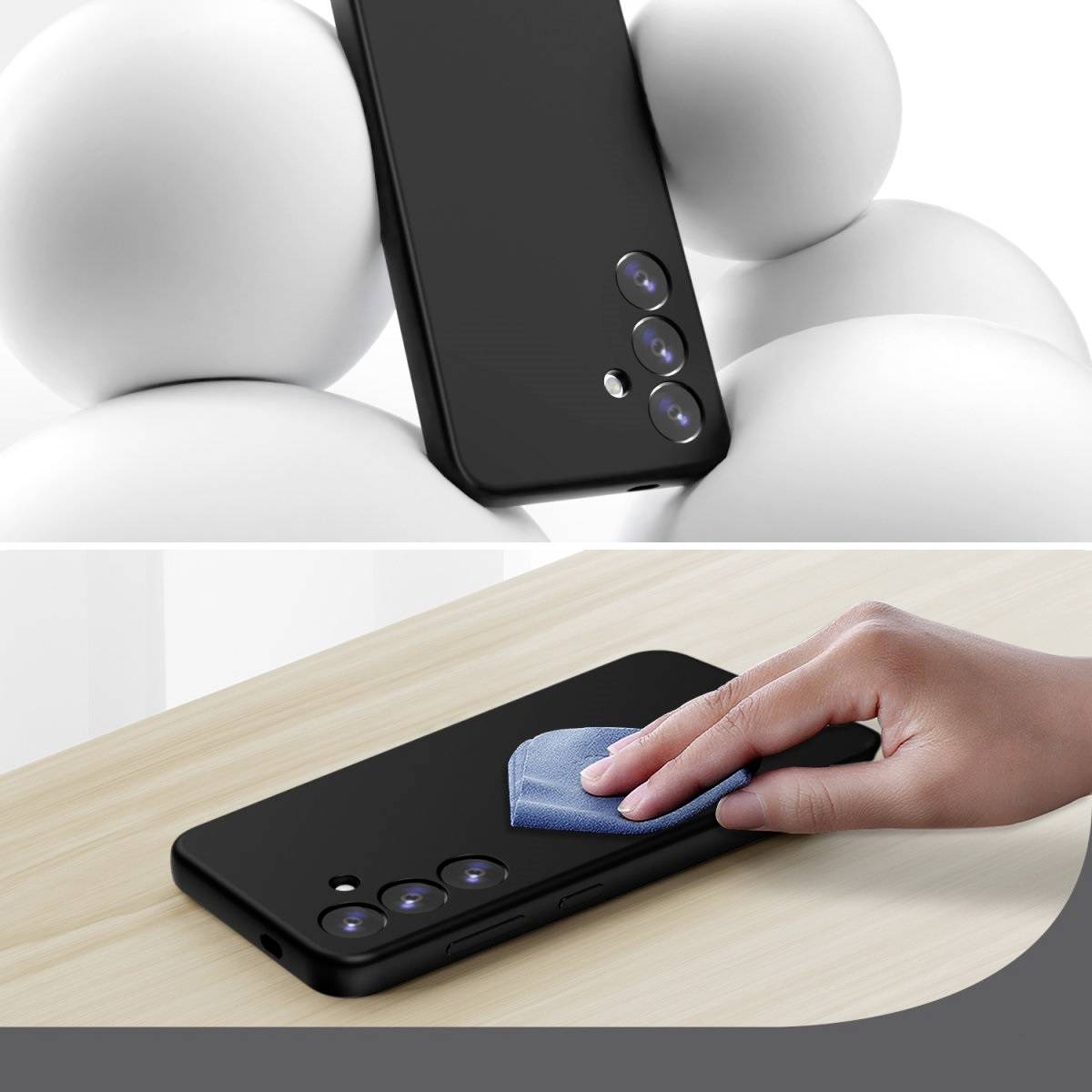 Smartphone with three camera lenses being cleaned with a cloth; lying on a wooden table.