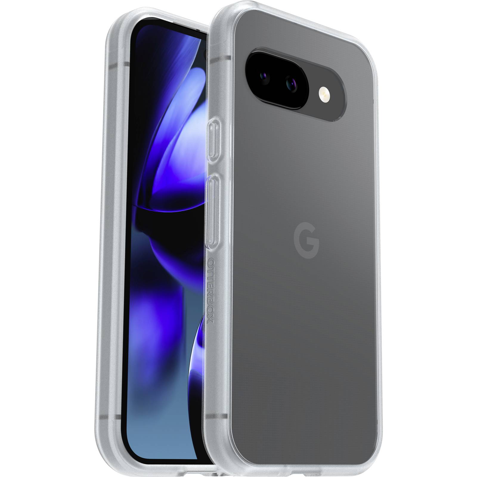 Two smartphones side by side, one viewed from the front and the other from the back, with clear protective cases.