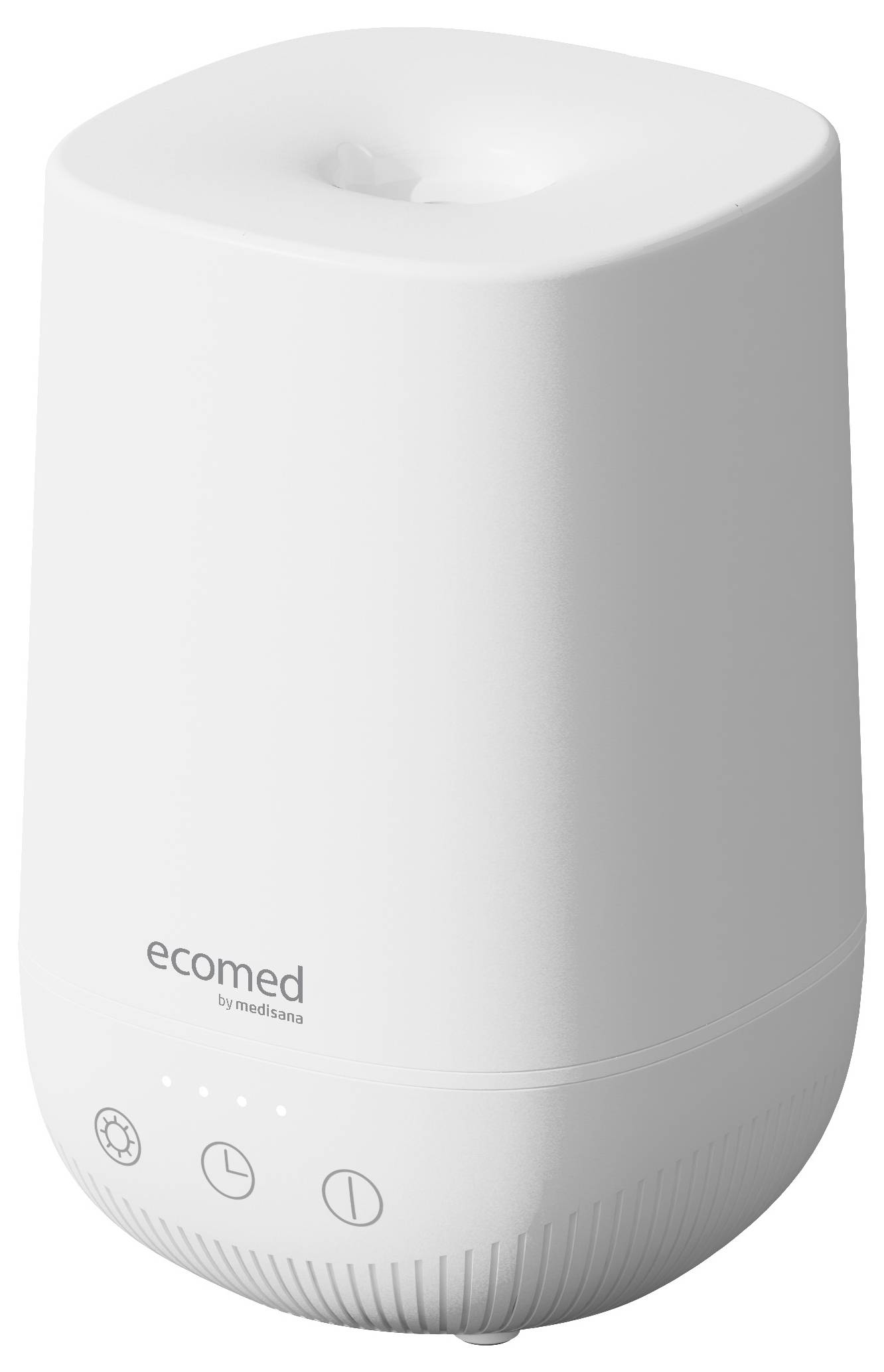 A white air humidifier from the brand 'ecomed by medisana' with three control buttons on the front.