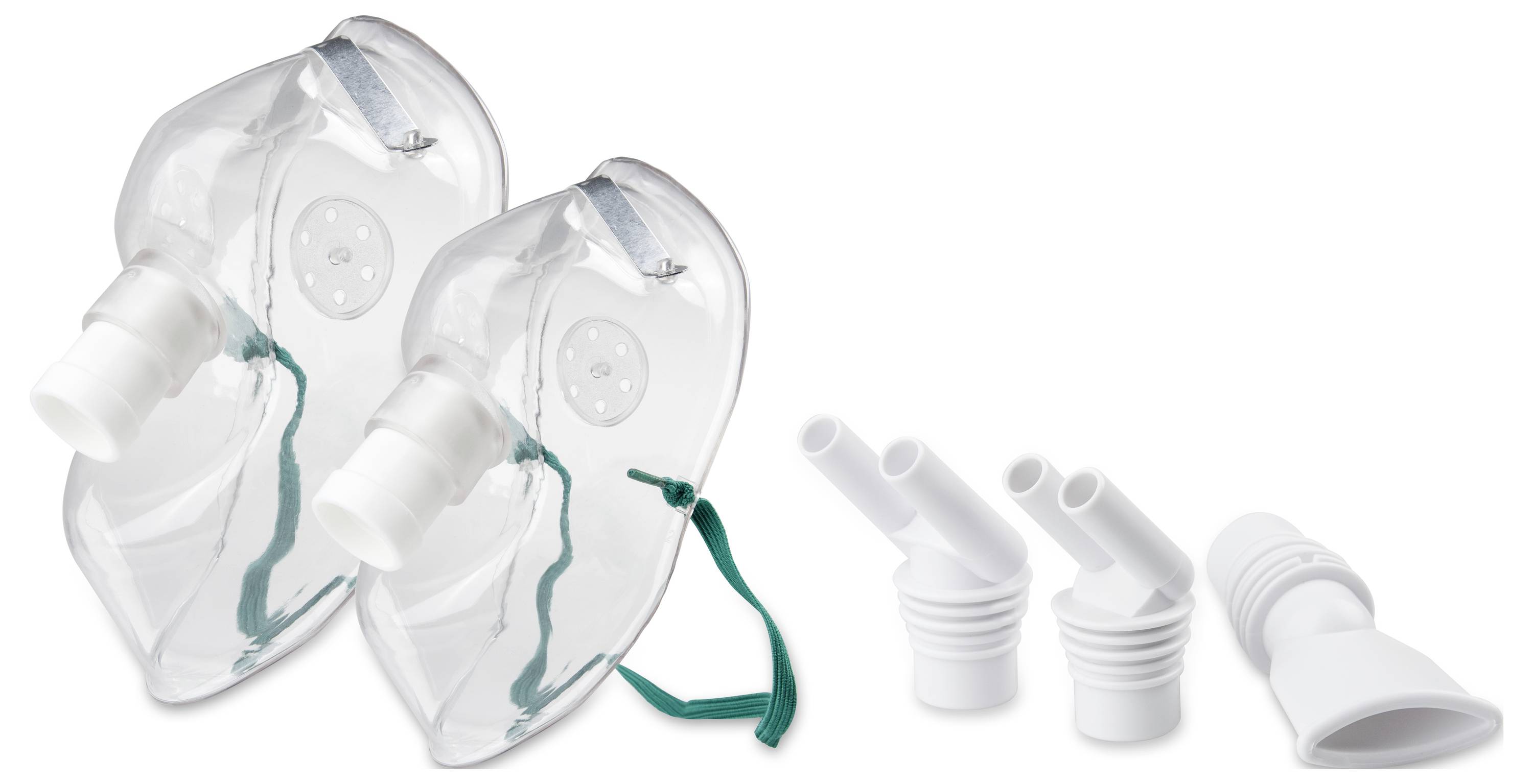 Two transparent oxygen masks with elastic straps, alongside four white medical adapters.