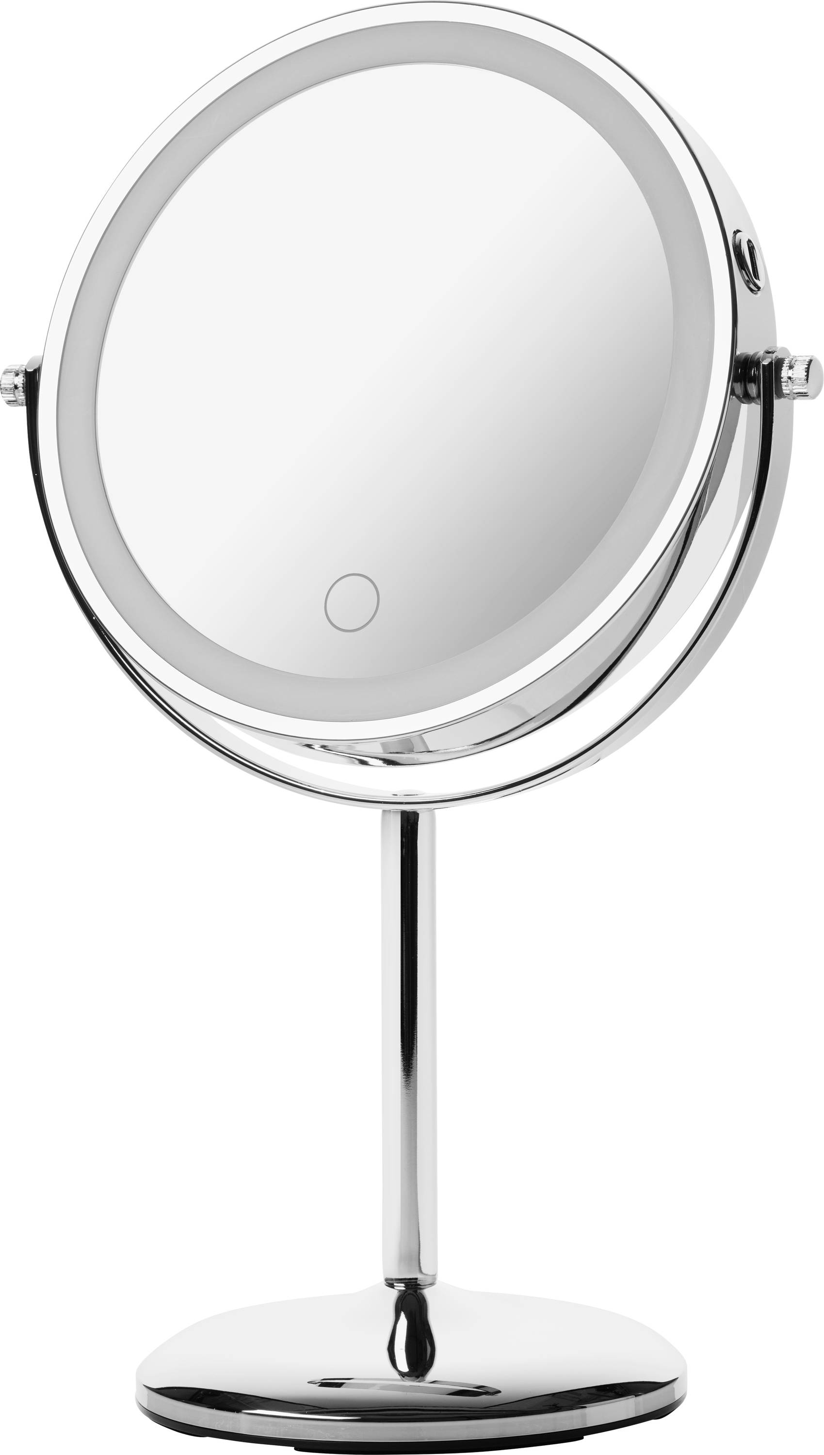 A round, chrome-plated make-up mirror on a stand, with a touch sensor for LED illumination.