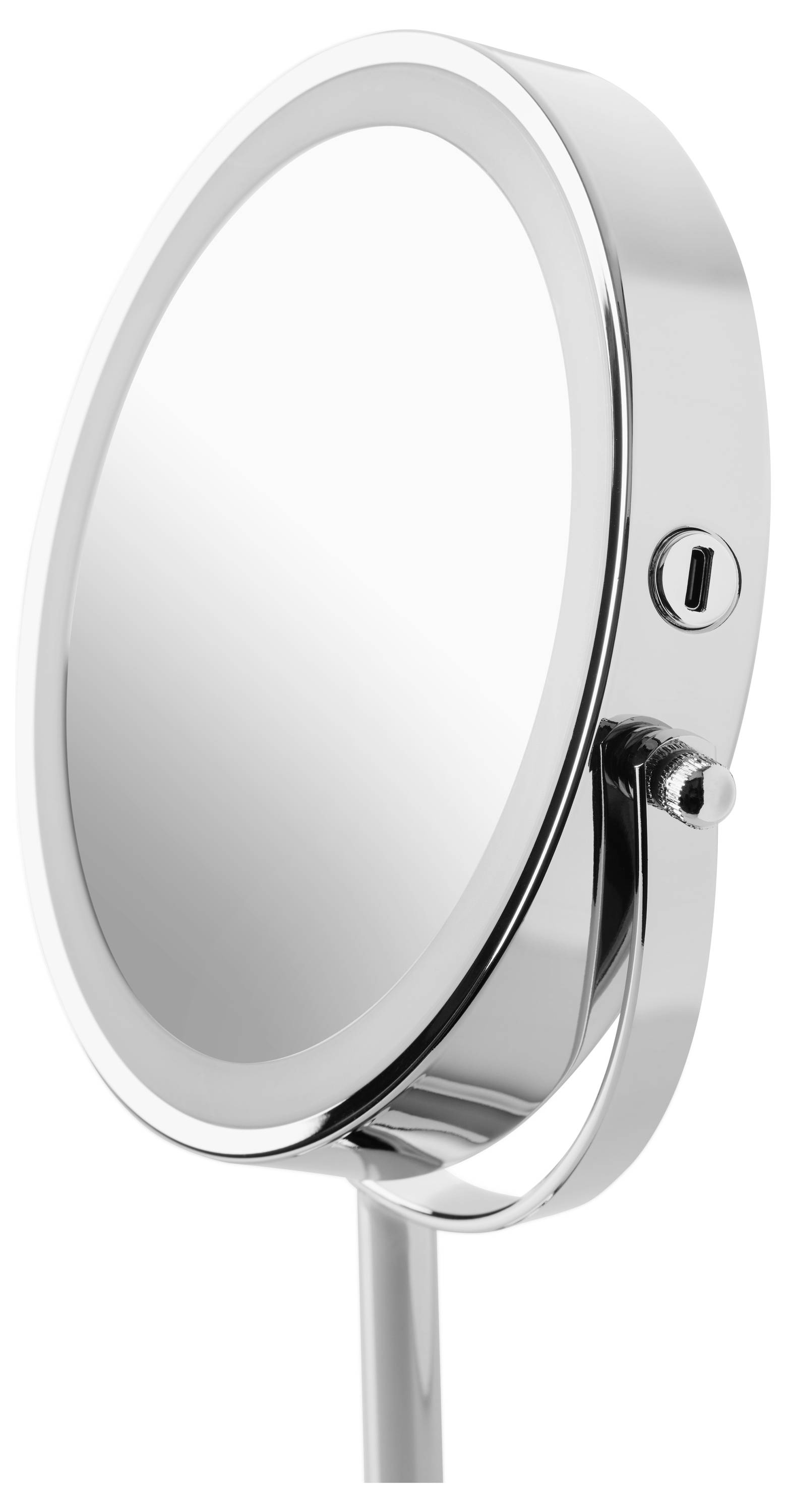Round, chrome-plated make-up mirror with a stand, photographed from the side.