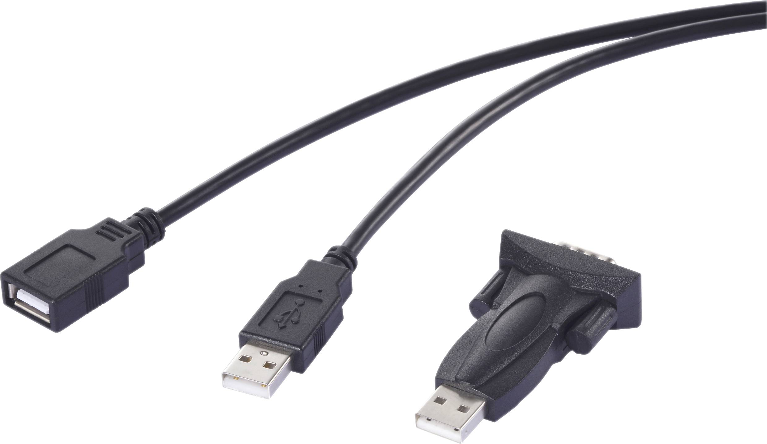 A two-way USB cable with one end featuring a USB Type-A connector and the other end with a dual-connector, one being USB and the other VGA.