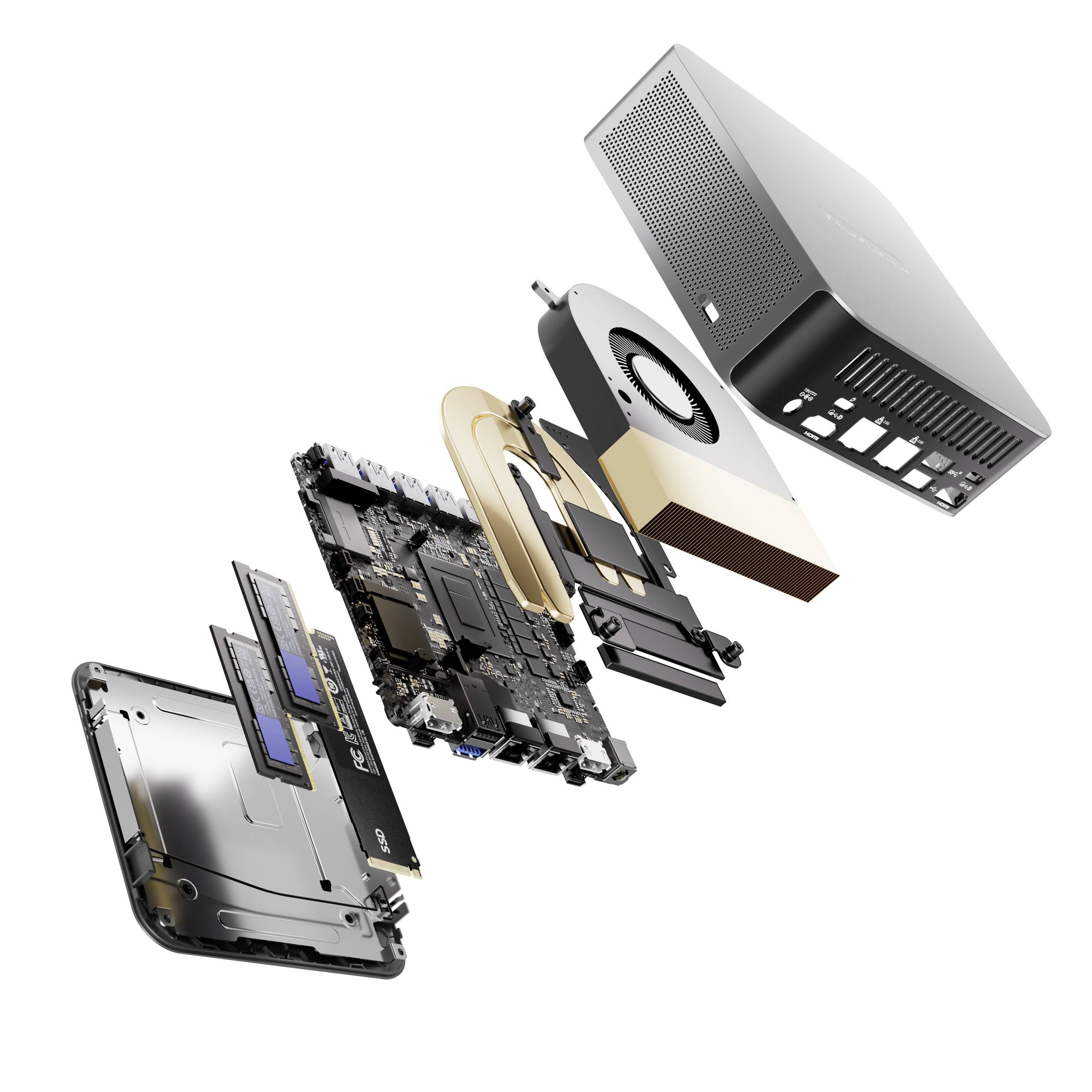 Exploded diagram of a computer. Casing, fans, motherboard, RAM and other components hover separately in mid-air.