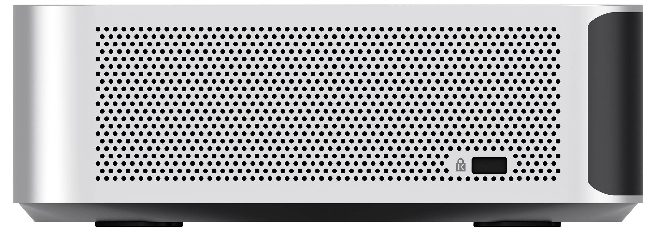 A silver computer case in a rectangular shape with numerous ventilation holes on the front and a small power switch located in the bottom right corner.