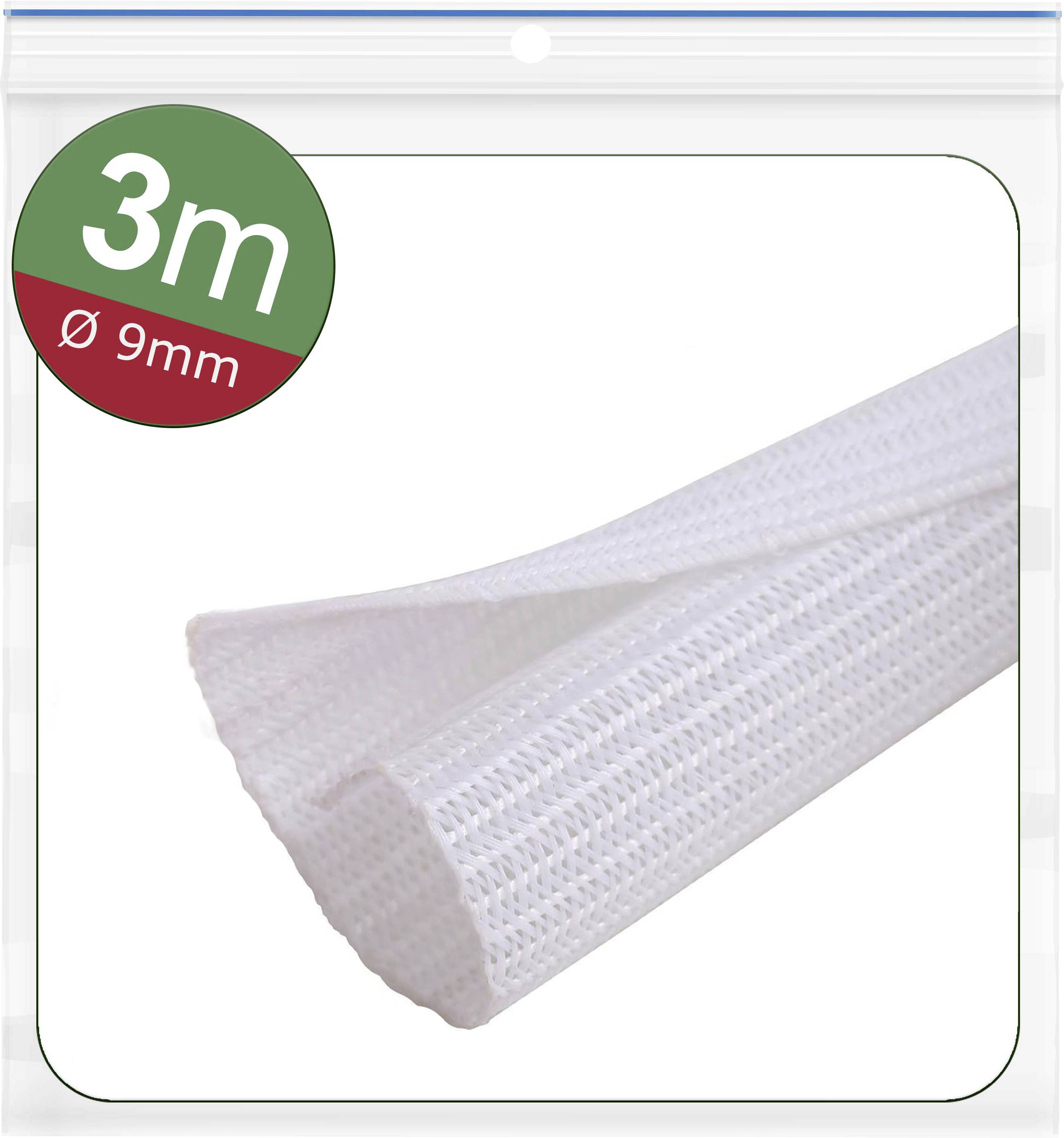 A white cable sleeve made of mesh material, 3 metres long, with 9 mm diameter, packaged in a clear plastic bag.