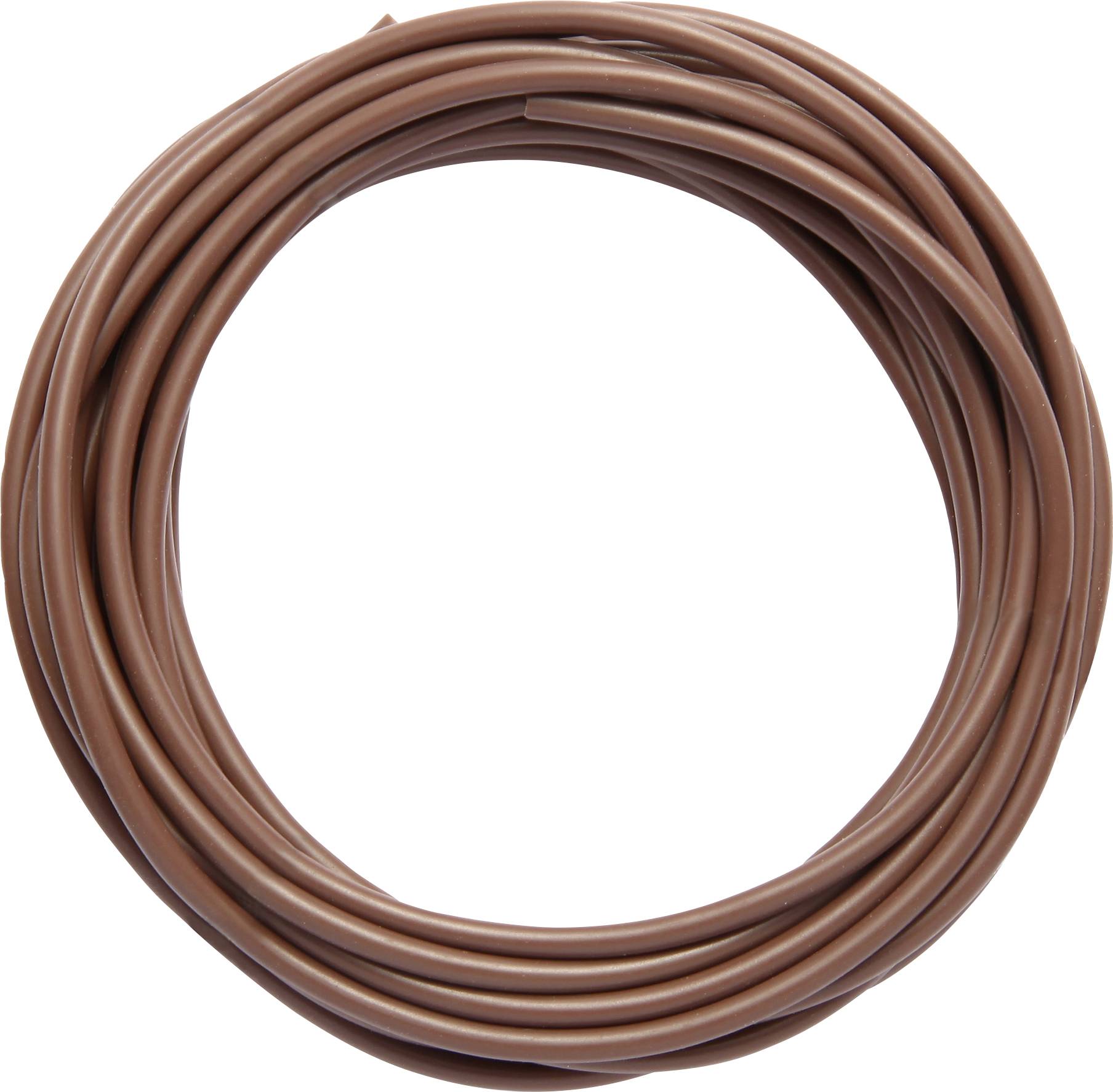 A brown cable is coiled in a circular shape and lies on a white background.