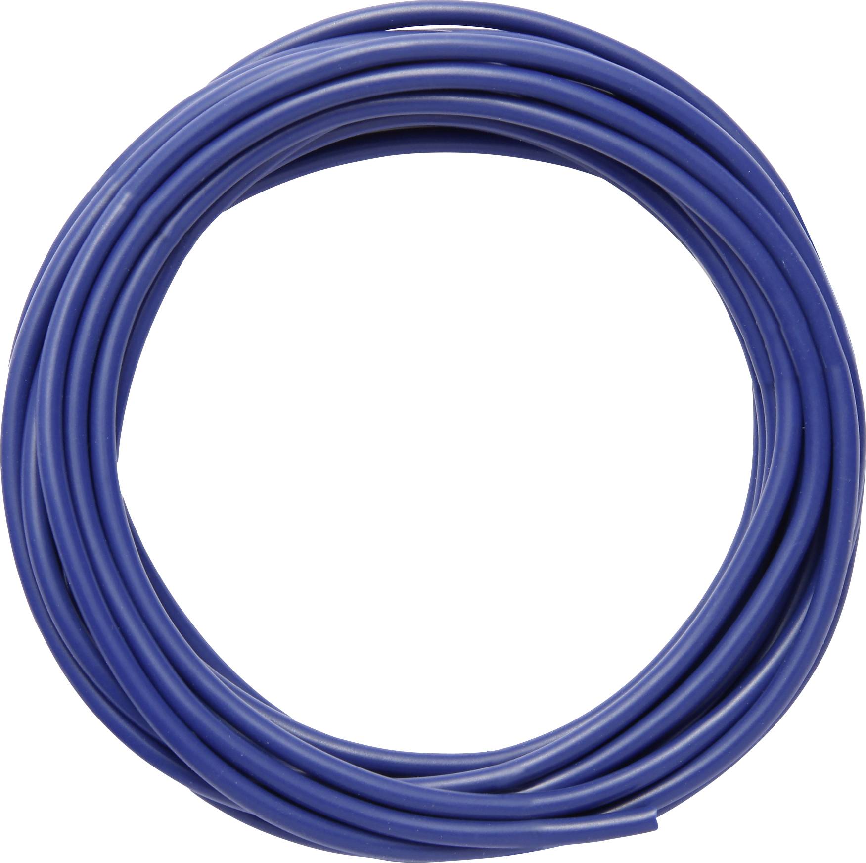 A coiled blue cable, lying on a white background.