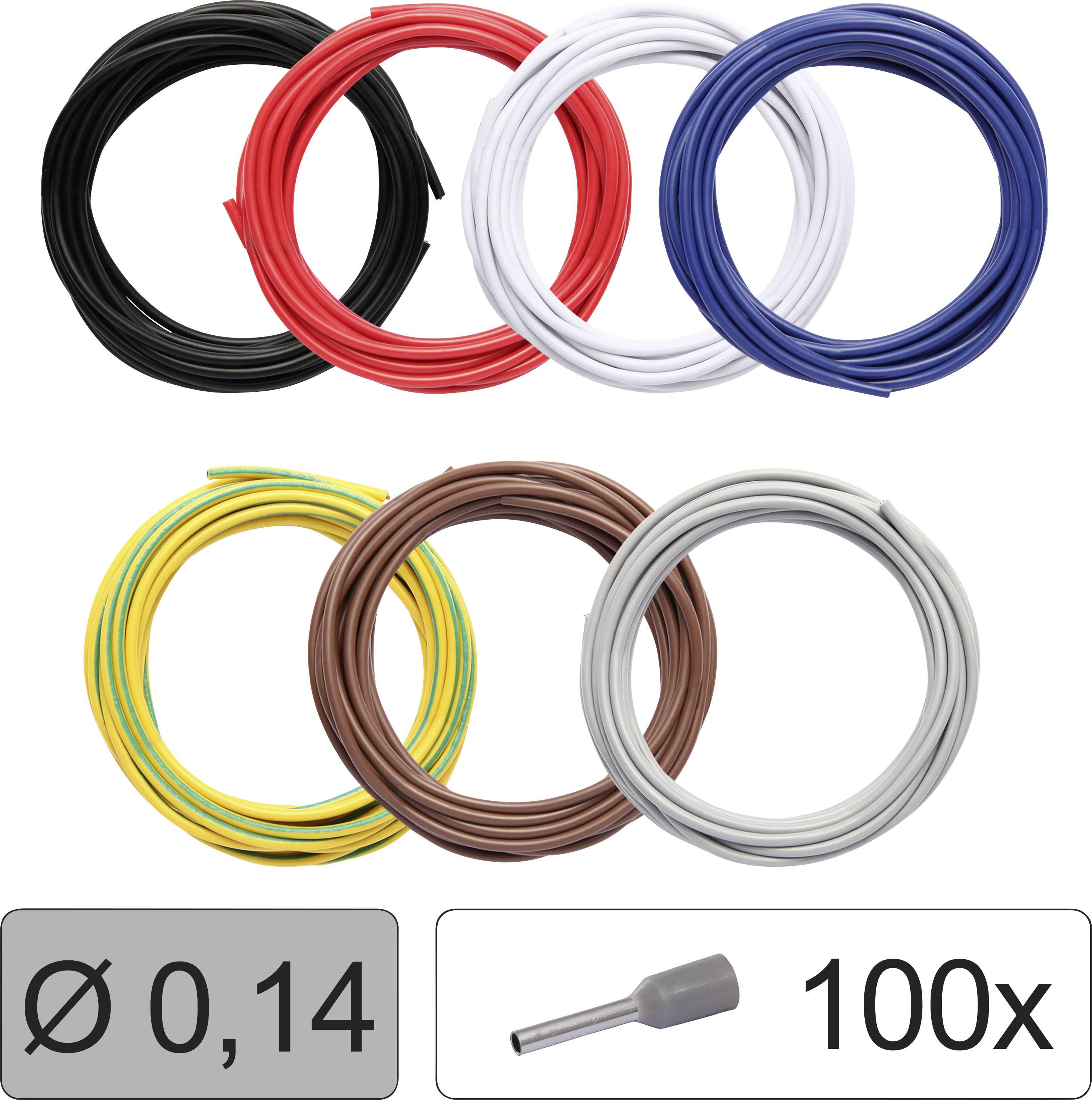 Six cable reels in various colours: Black, Red, Blue, White, Yellow-Green, Brown, Grey. 100 cable lugs, diameter 0.14.