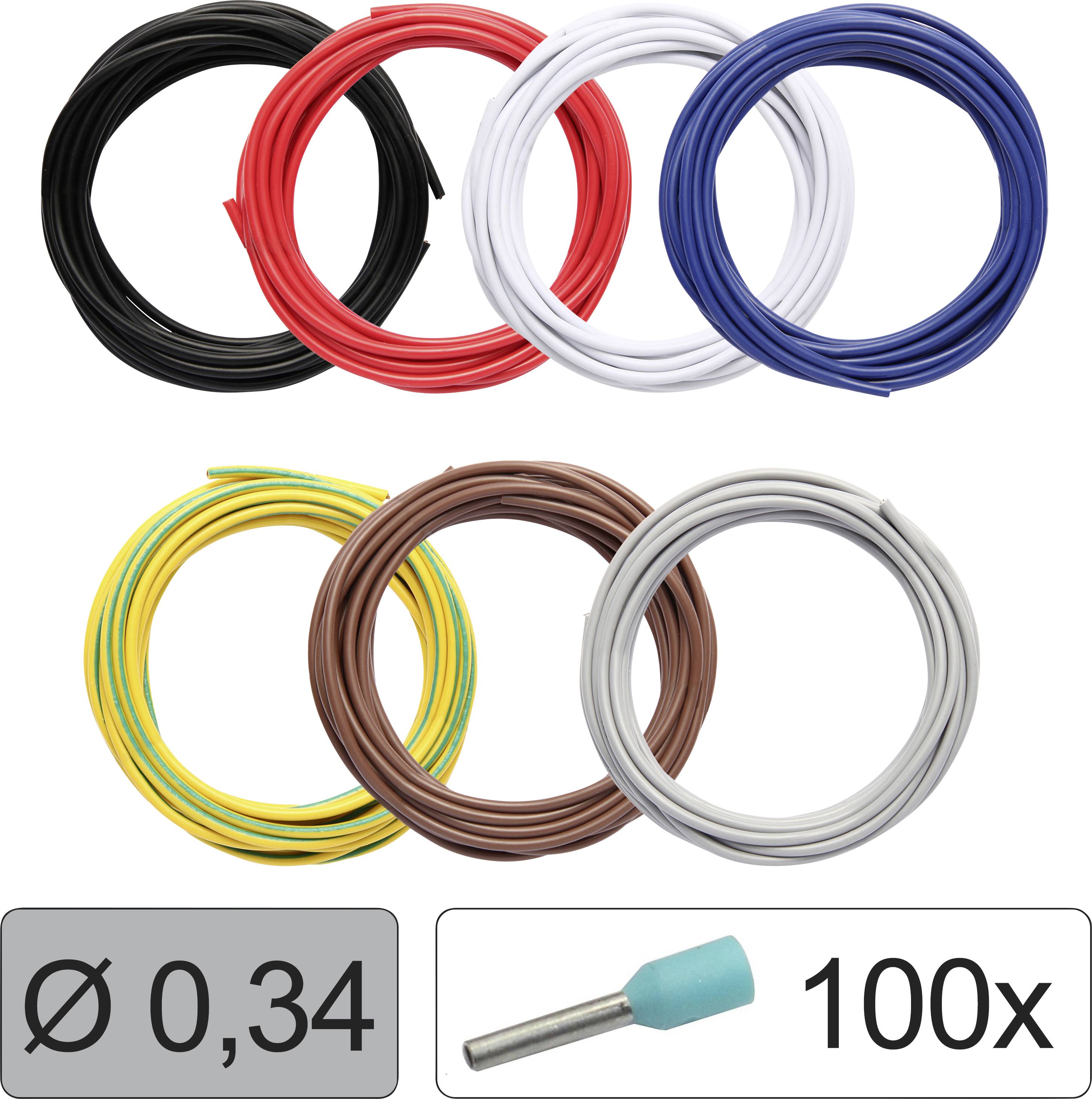 Six cables in various colours (Black, Red, Blue, White, Yellow-Green, Brown, Grey) and a pack of 100 cable lugs.