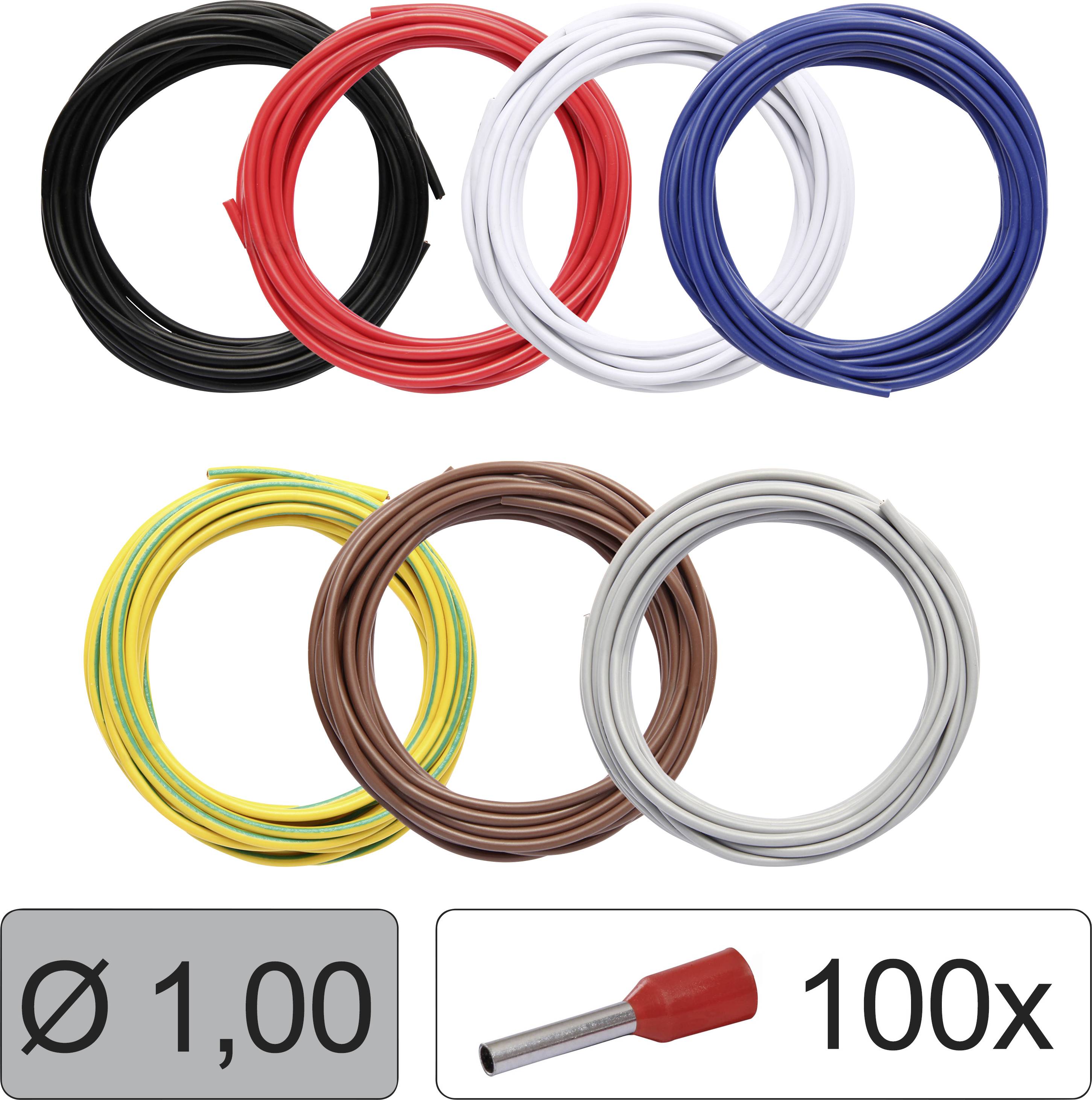 Seven rolls of cable in different colours: Black, Red, White, Yellow-Green, Brown, Grey and Blue. Underneath, 100 red cable end ferrules.