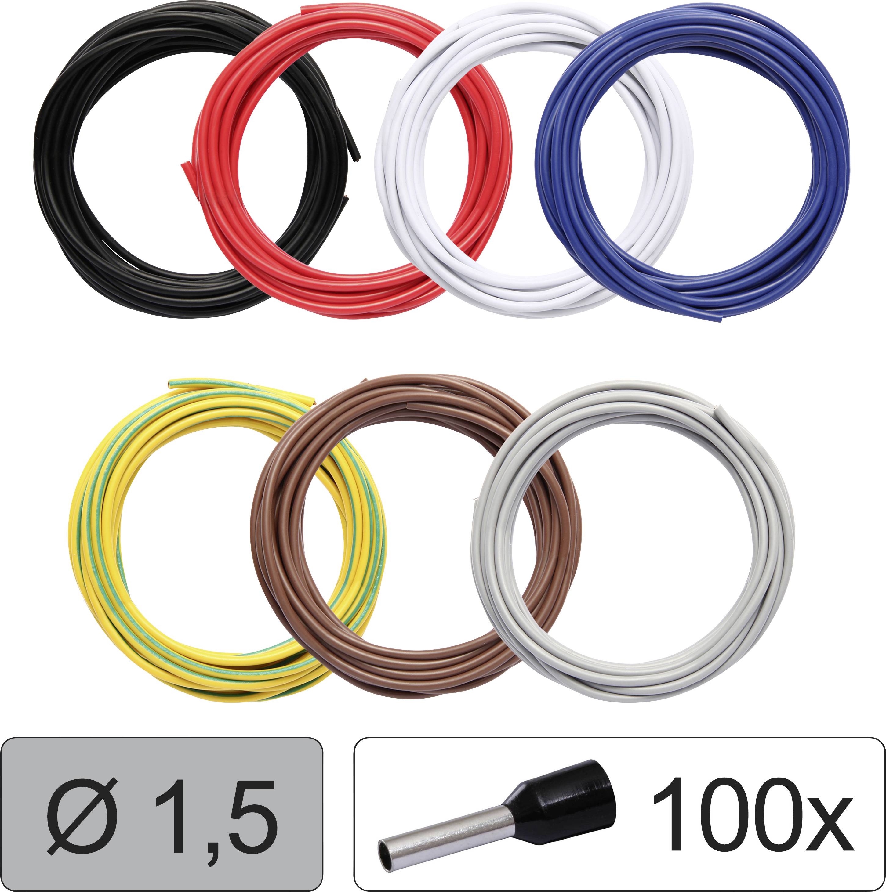 Eight cable reels in various colours (black, red, blue, white, yellow-green, brown, grey) and 100 cable lugs, diameter 1.5.