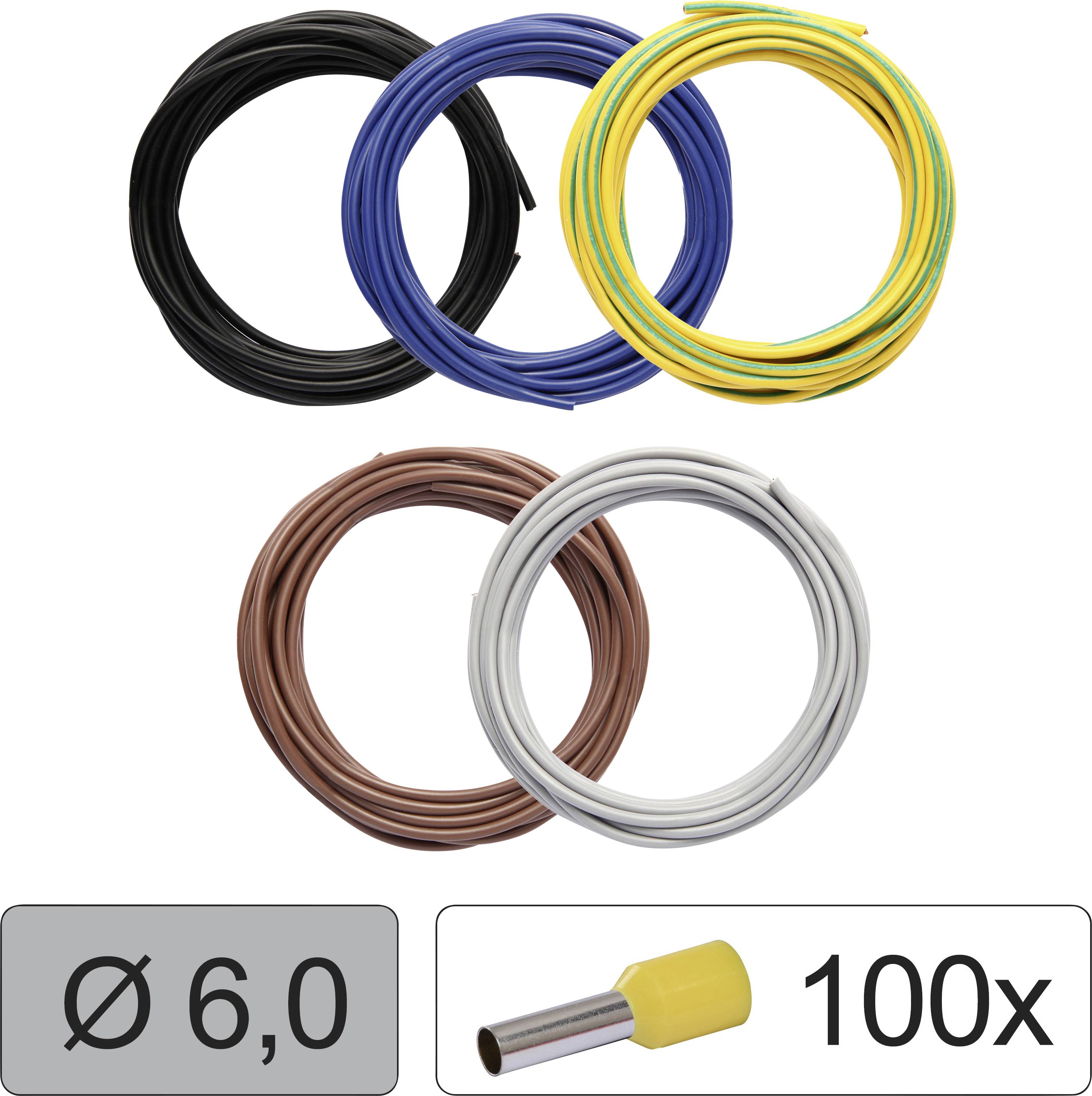 Five cable reels in different colours (black, blue, yellow-green, brown, grey) and a yellow cable lug sleeve with a pack of 100.