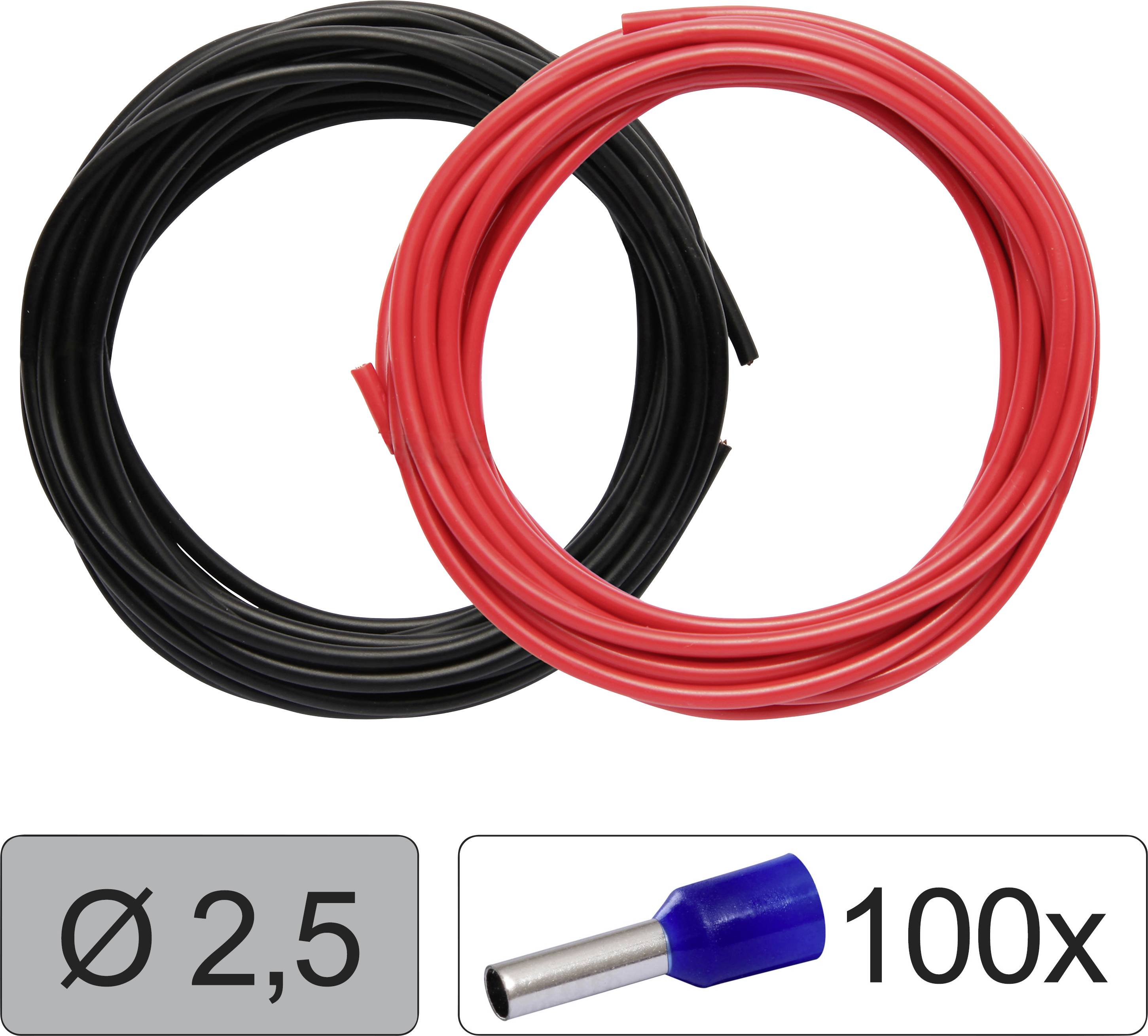 Black and red cable bundle, with blue cable end sleeve. Text below: 'Ø 2.5', '100x'.