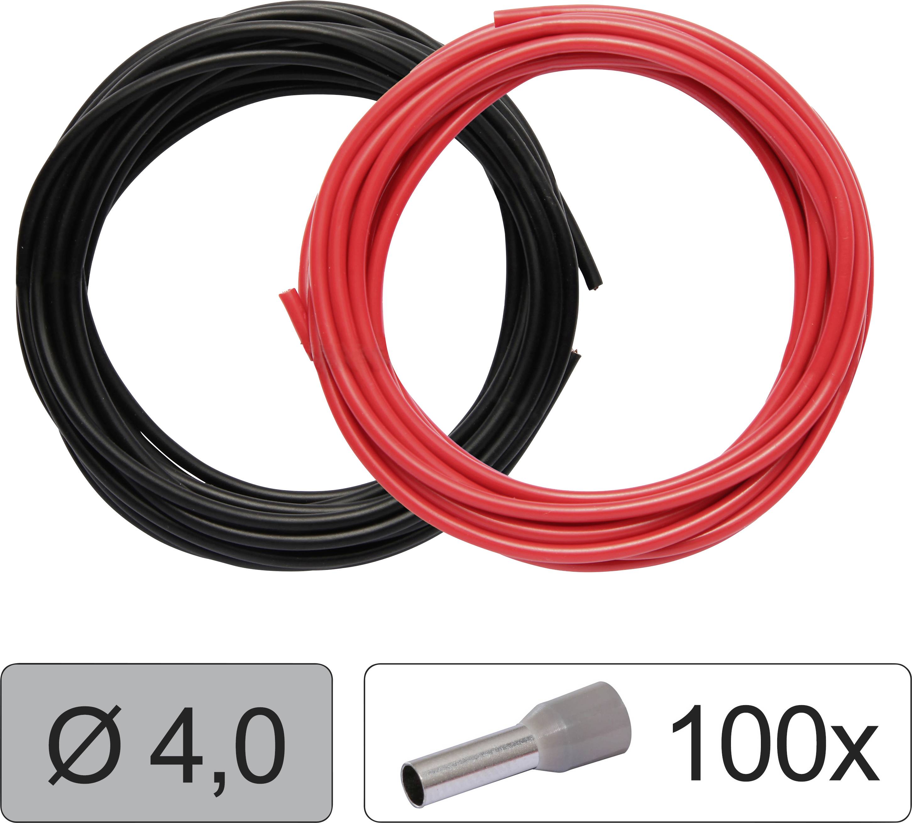 Two cables, one black, one red, with a diameter of 4.0 mm, and 100 cable end ferrules shown below.