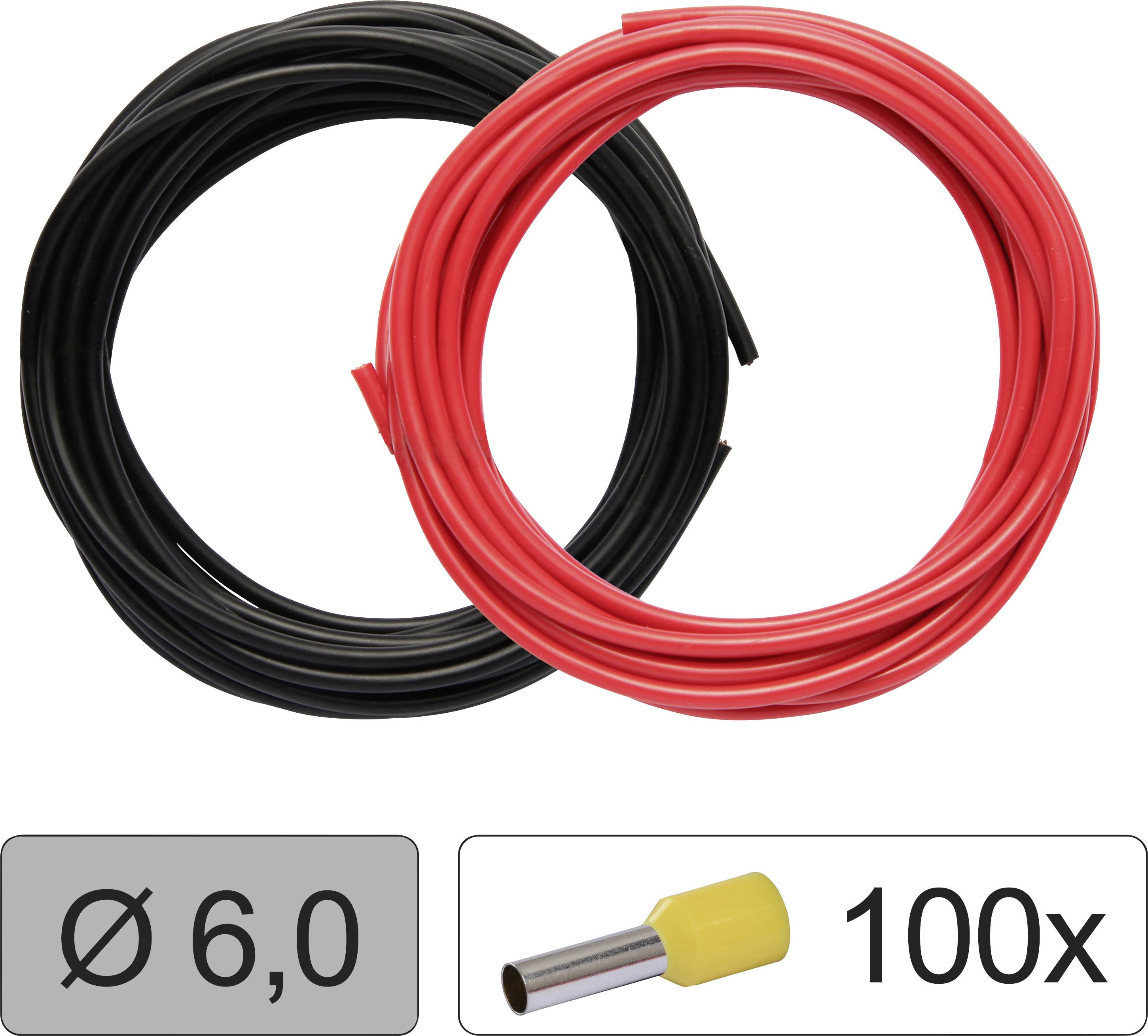 Black and red cable reels, 6 mm diameter, with 100 yellow sleeves. Ideal for electrical applications.