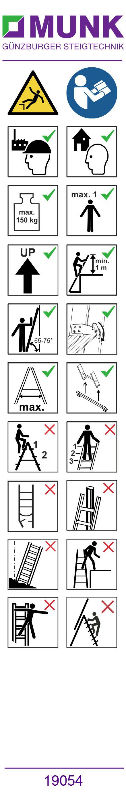 Safety Instructions for Ladder Use: Wear Protective Clothing, Use Correctly, Do Not Stand on the Top Rung.