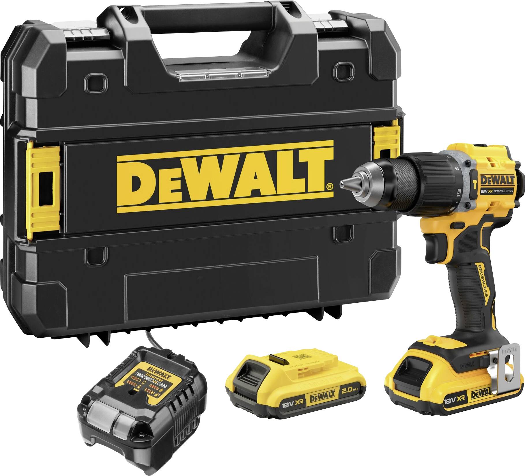 A yellow DeWALT cordless drill with case, charger and two batteries.