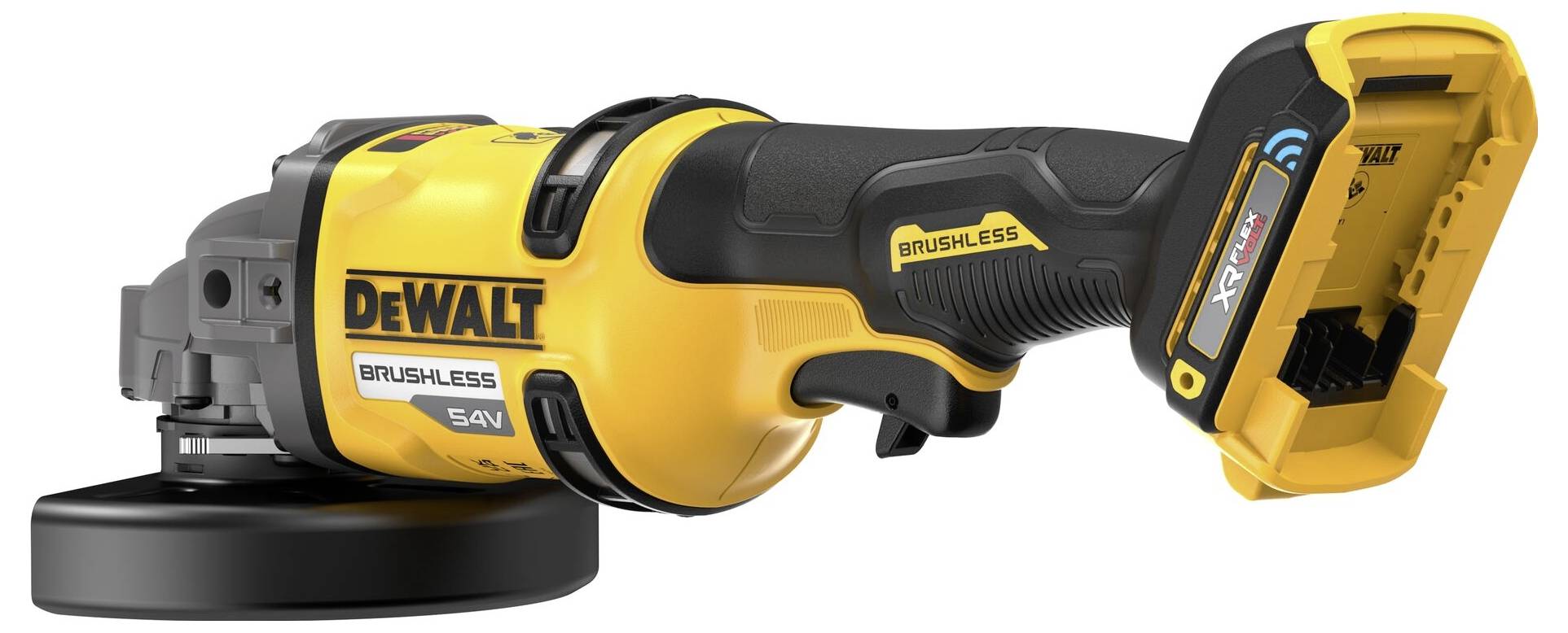 Cordless angle grinder in yellow and black colour scheme. Marked 'DeWALT Brushless 54V'. Device for industrial applications.