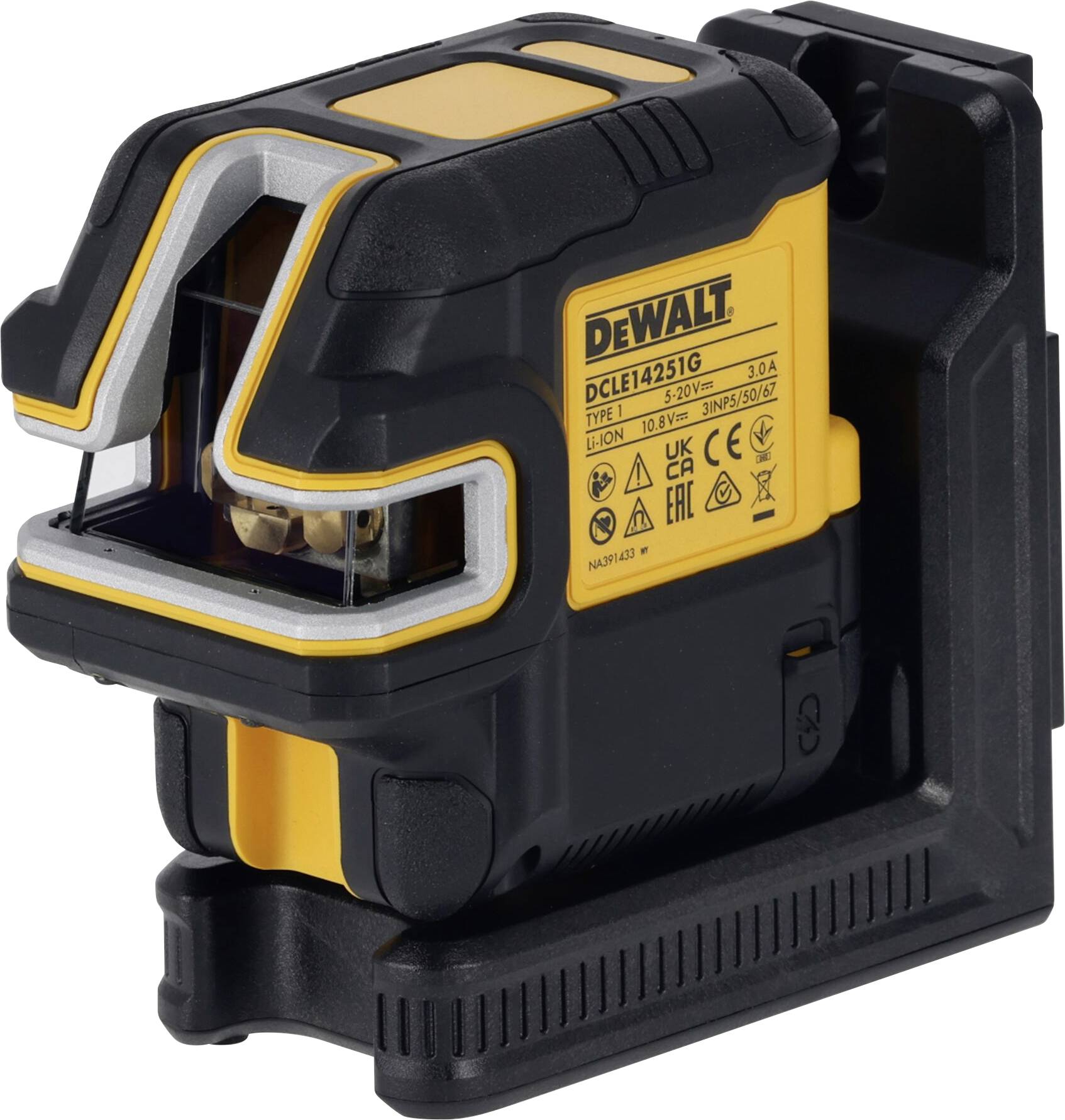 A compact, yellow-black cross-line laser from DeWalt, suitable for precise alignment work on construction sites.