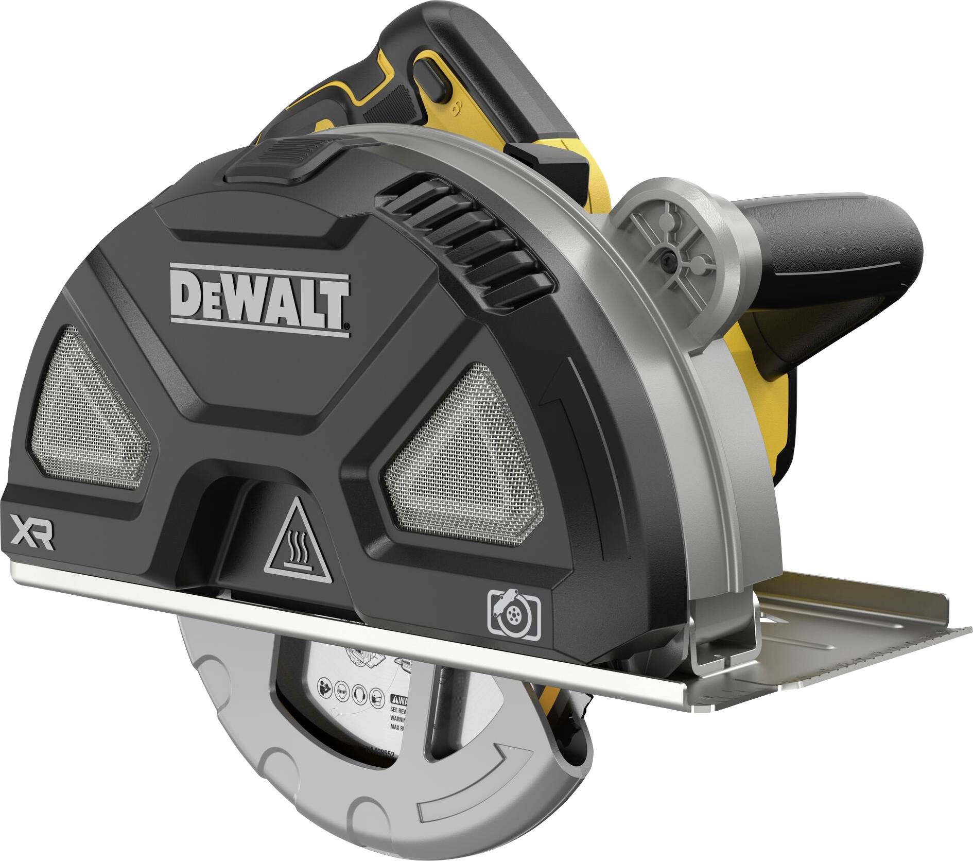 A battery-powered circular saw by DeWalt, black and yellow, with protective cover and ergonomic handle.