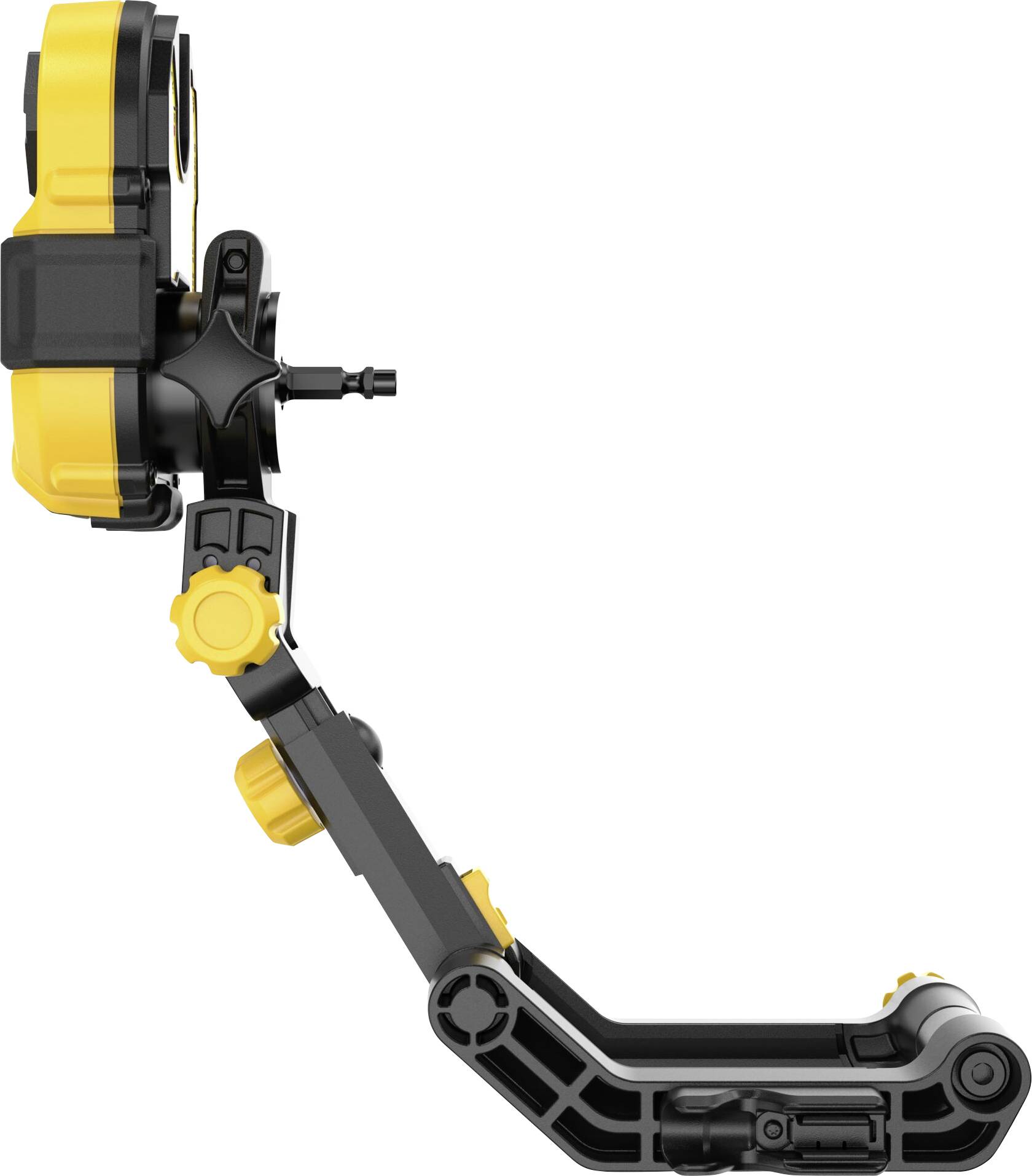 Measuring device with a yellow casing and black arm, shown from the side. Adjustable mounting mechanism visible.